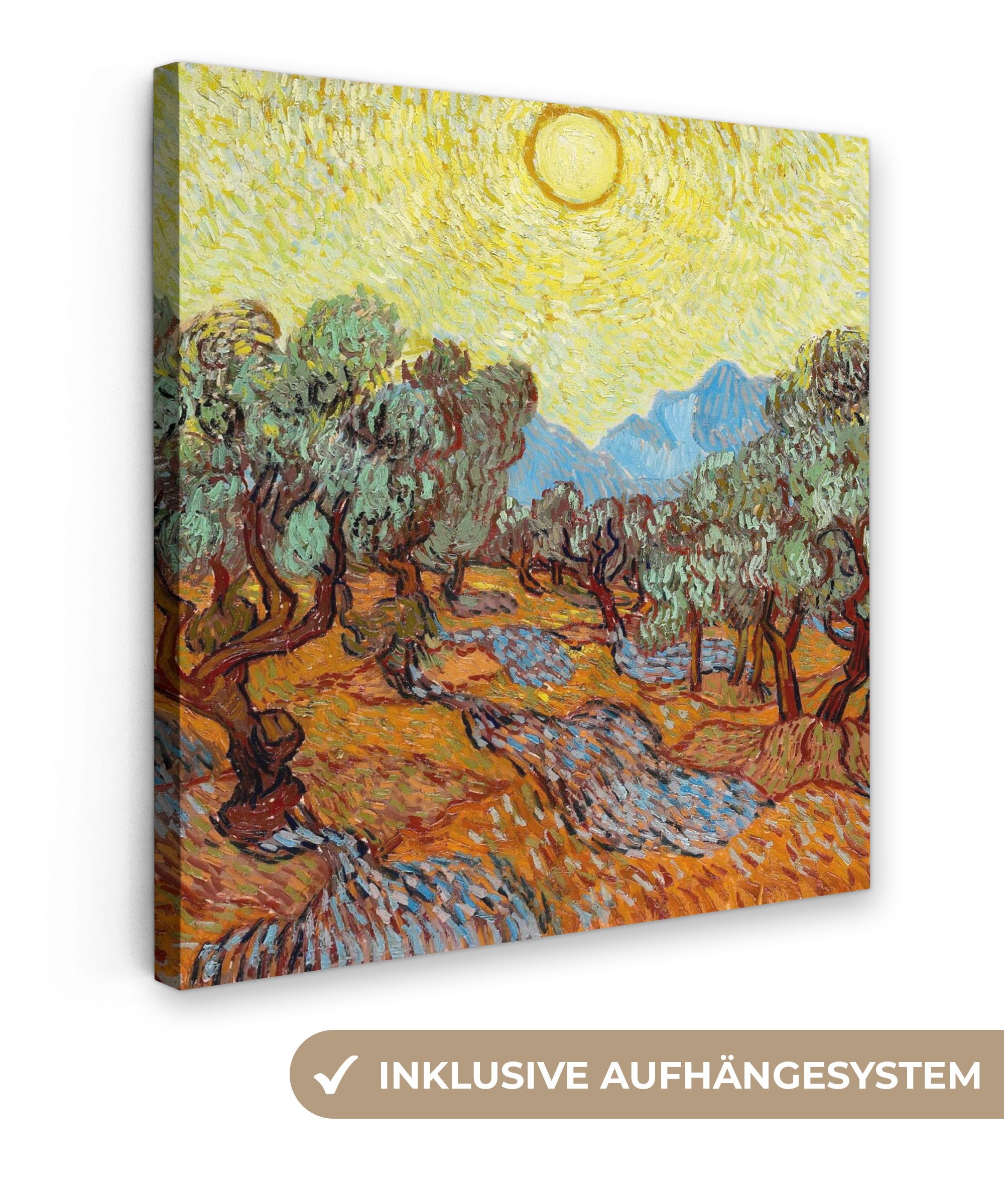 Leinwandbild Olivenbäume mit gelbem Himmel und Sonne - Vincent van Gogh