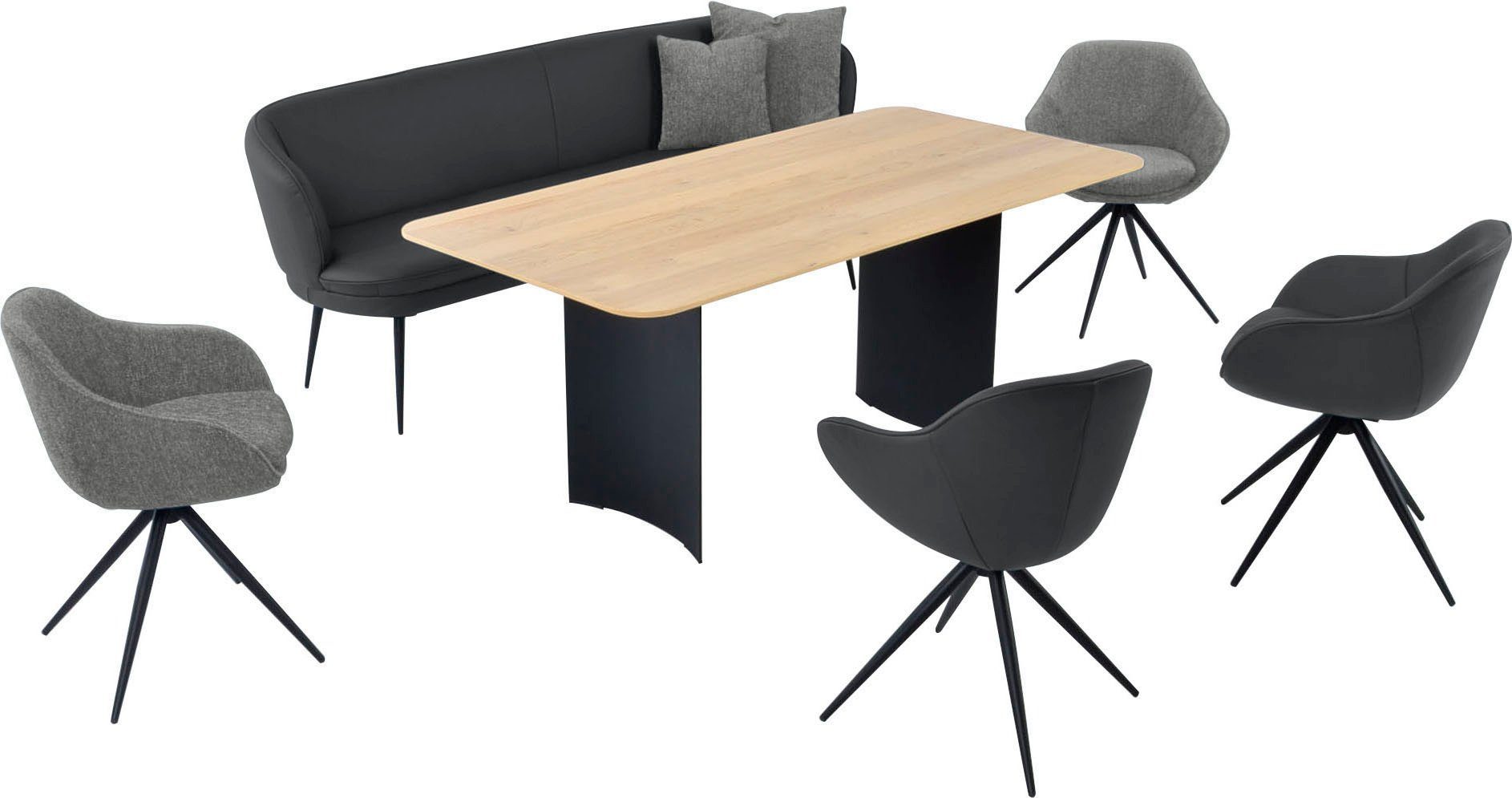 K+W Komfort & Wohnen Essgruppe in abgerundete 81/grey 80 Tisch und 1 ZOOM, Essgruppe Sesseln Solobank, 4 nero Materialmix