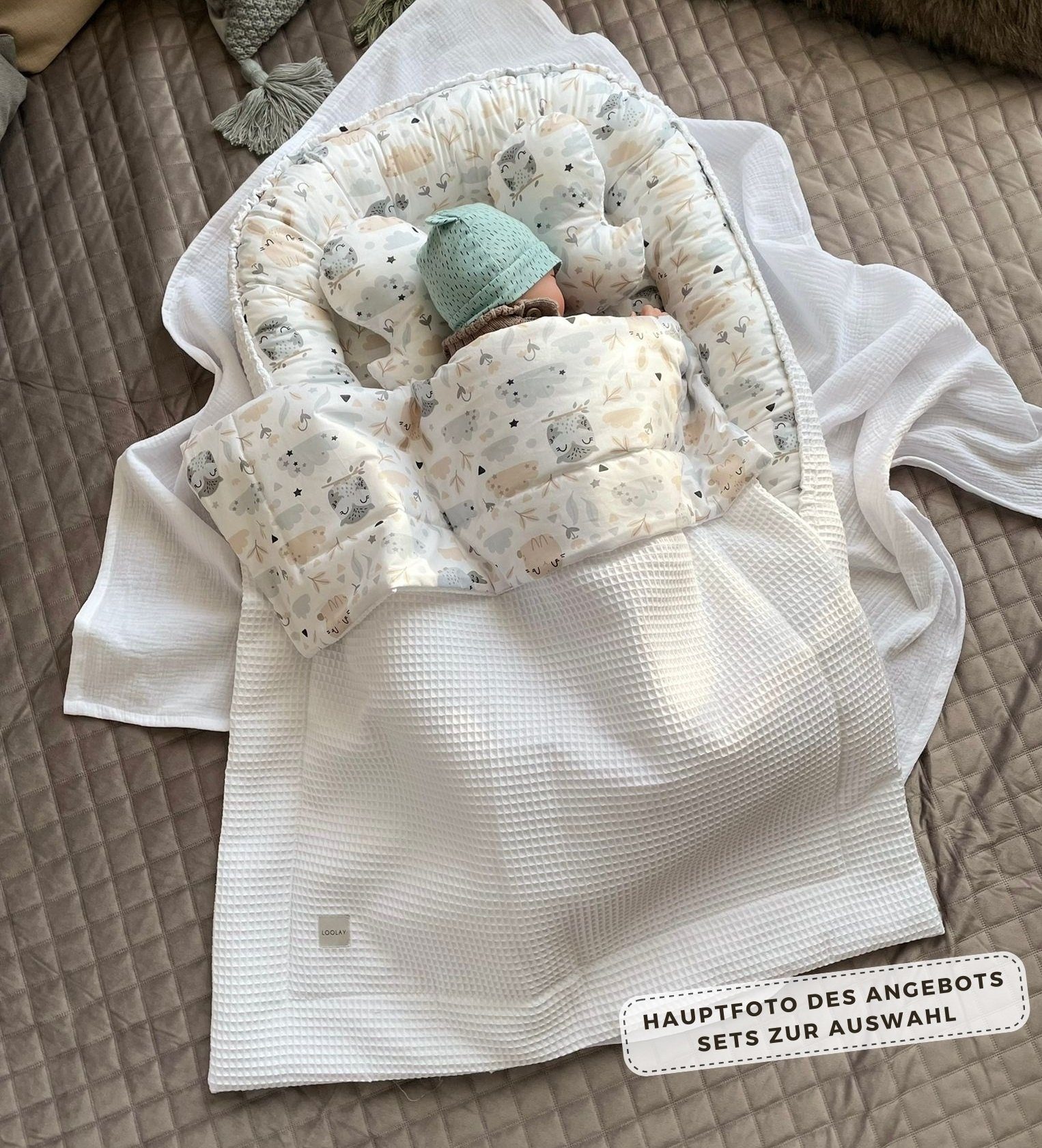 Bettnestchen Weiß WAFFELPIQUE/ HASE Beige Babynest Babyaustattung Neugeborene SETS