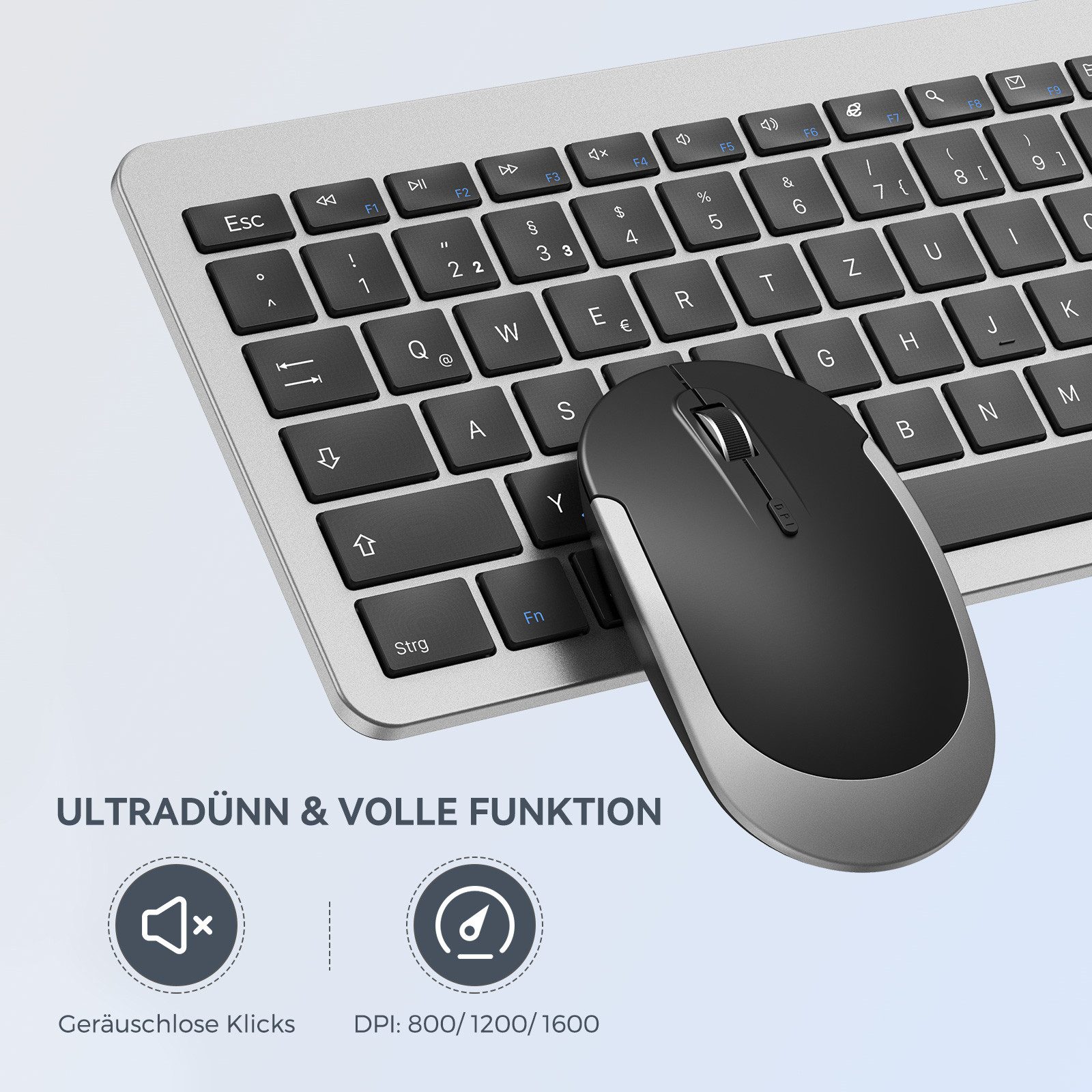 Seenda 038-3 Aufladbare Funktastatur mit Maus&Silikon für Windows DE Layout Tastatur- und Maus-Set, Aufladbar und Dünn