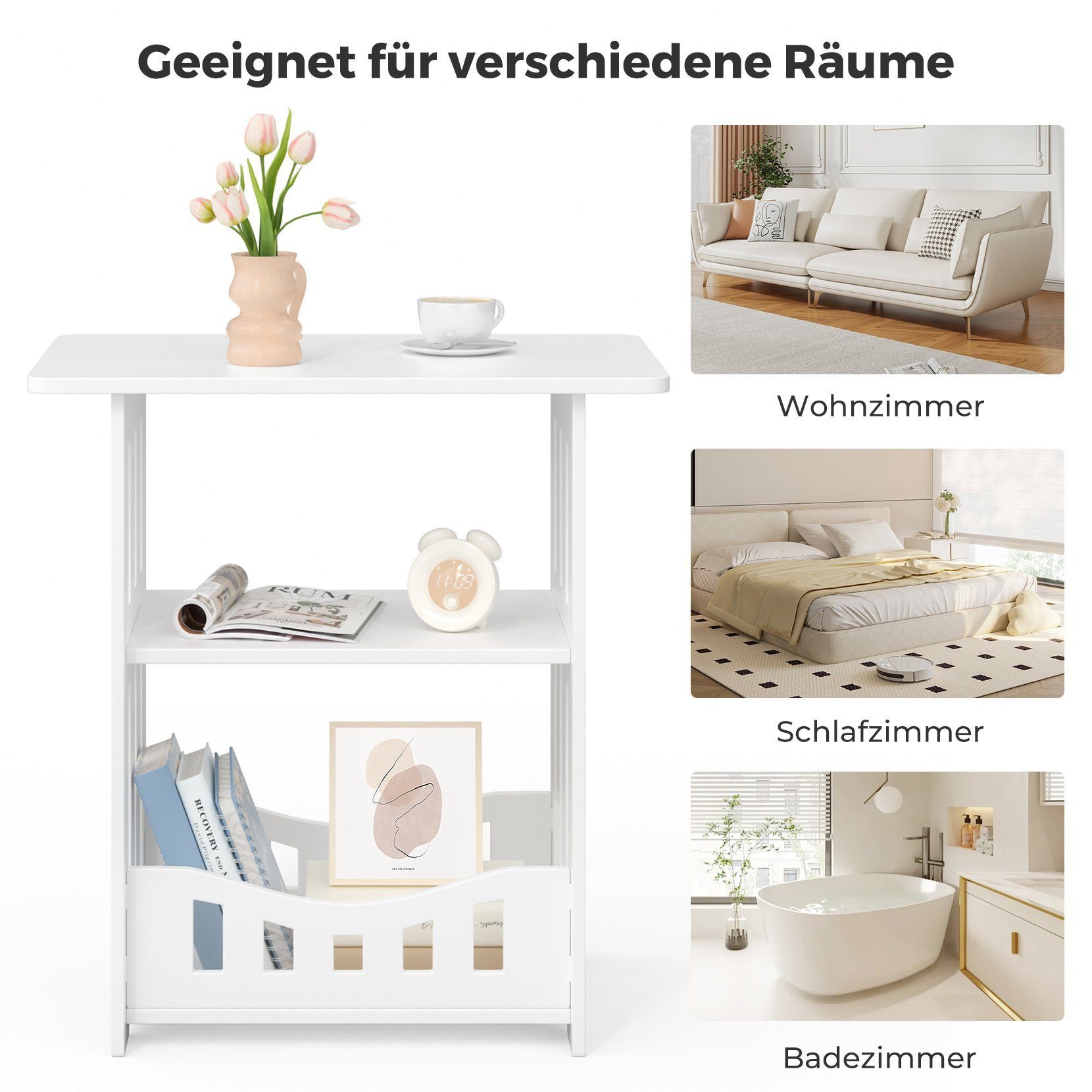 OUNUO Beistelltisch Rechteckiger Beistelltisch mit abgerundeten Ecken, Weiß – Bild 4 von 5
