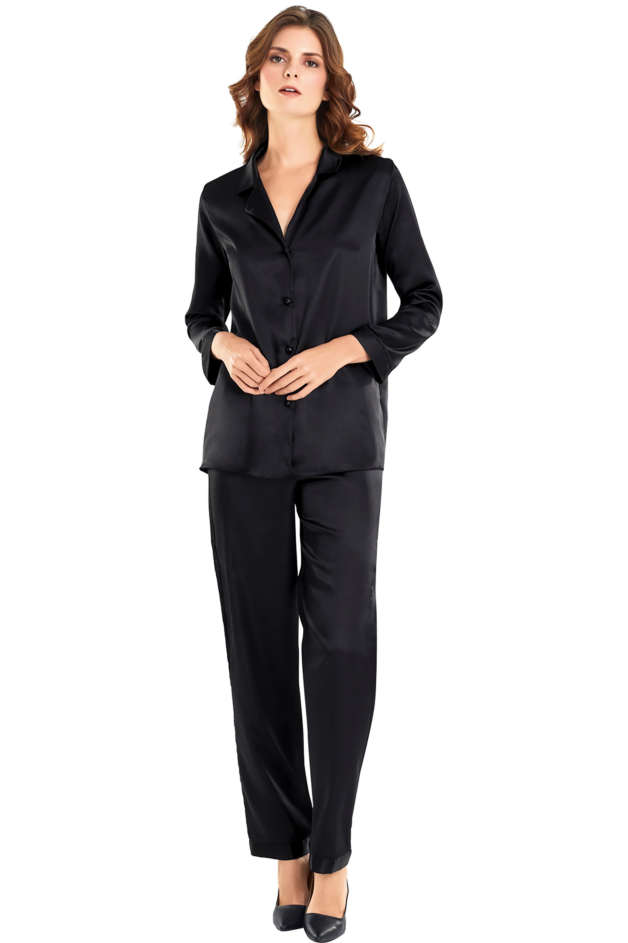 Pyjamahose Zweiteiliges Satin-Pyjama-Set mit Knopfleiste günstig online kaufen