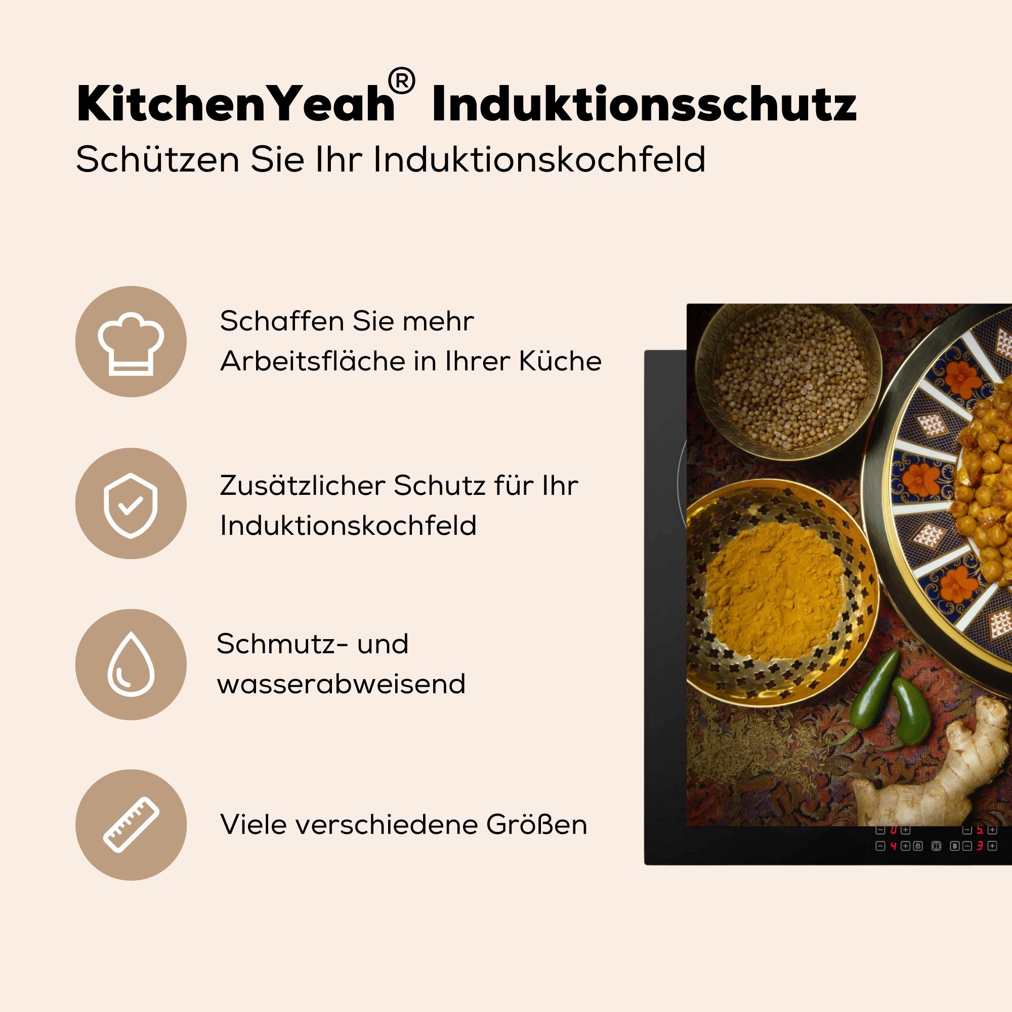 78x78 Kichererbsen als Arbeitsplatte Ceranfeldabdeckung, MuchoWow Beilage, (1 Vinyl, für Indische Herdblende-/Abdeckplatte cm, Curry tlg), mit küche