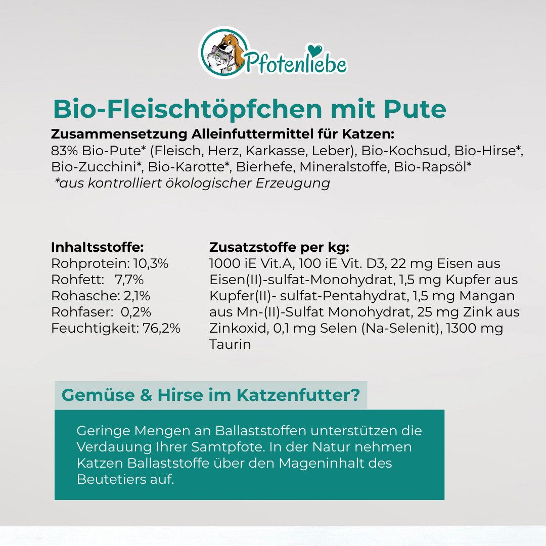 Pfotenliebe Bio-Fleischtöpfchen mit Pute 6x400g, Nassfutter für: Katzen