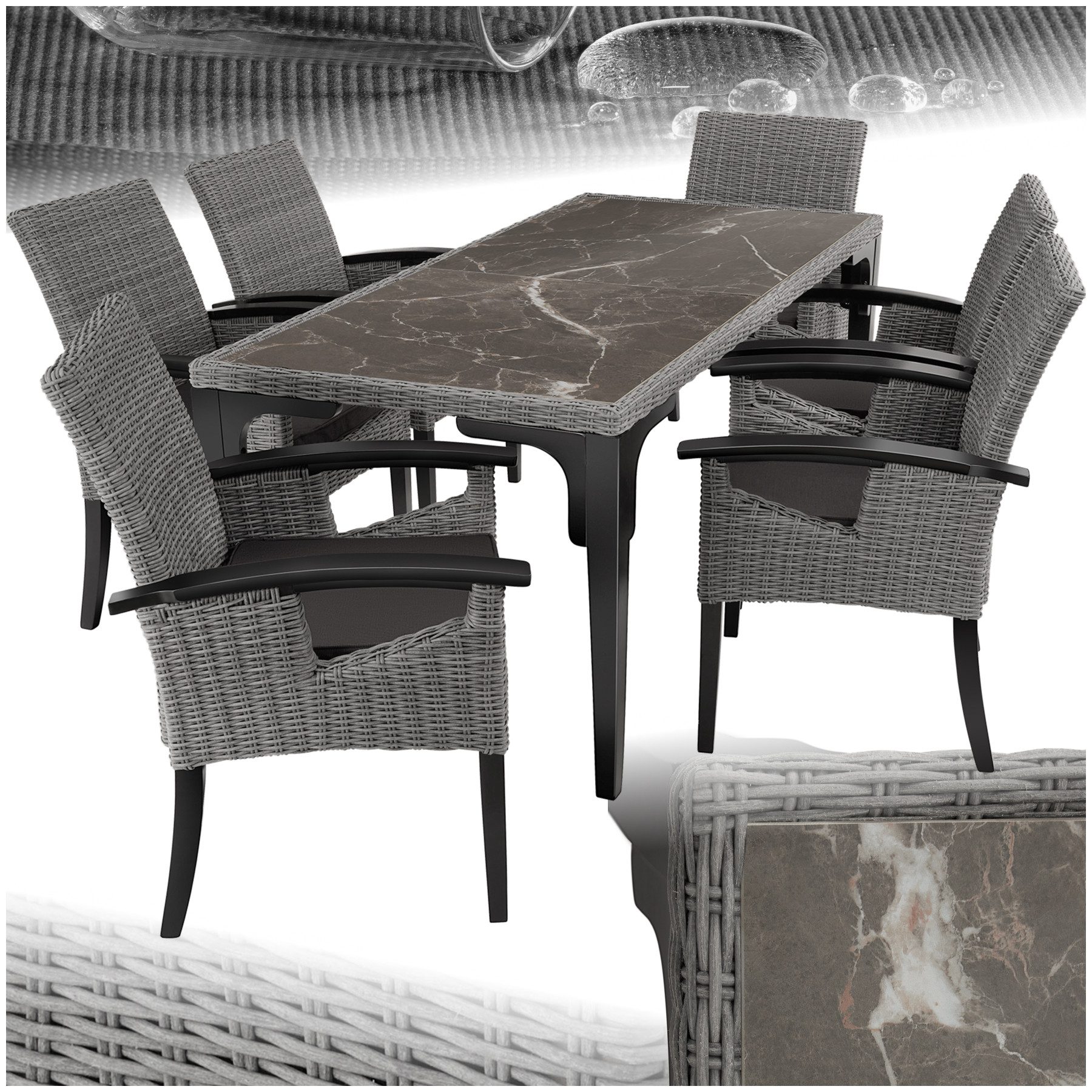 tectake Sitzgruppe Rattan Tisch mit 6 Stühlen, Armlehnen und Beine aus Holz, (Loungeset, 7-tlg., für Außen in Grau), 2 abnehmbare Feinsteinzeugplatten, wetterfest und UV-beständig