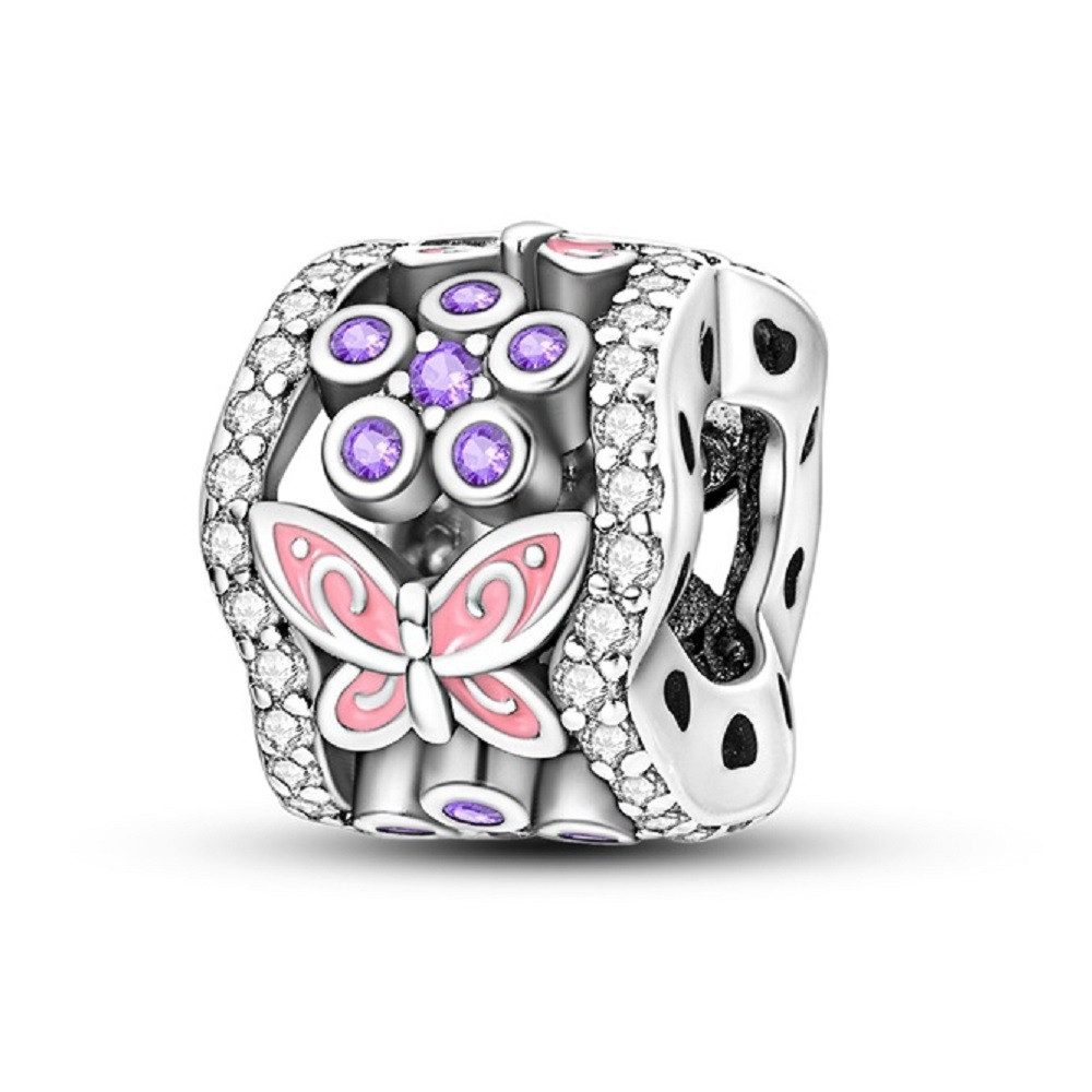PANDACHARMS Bead Rosa Schmetterlinge und Lila Blumen Charm, 925er Silber