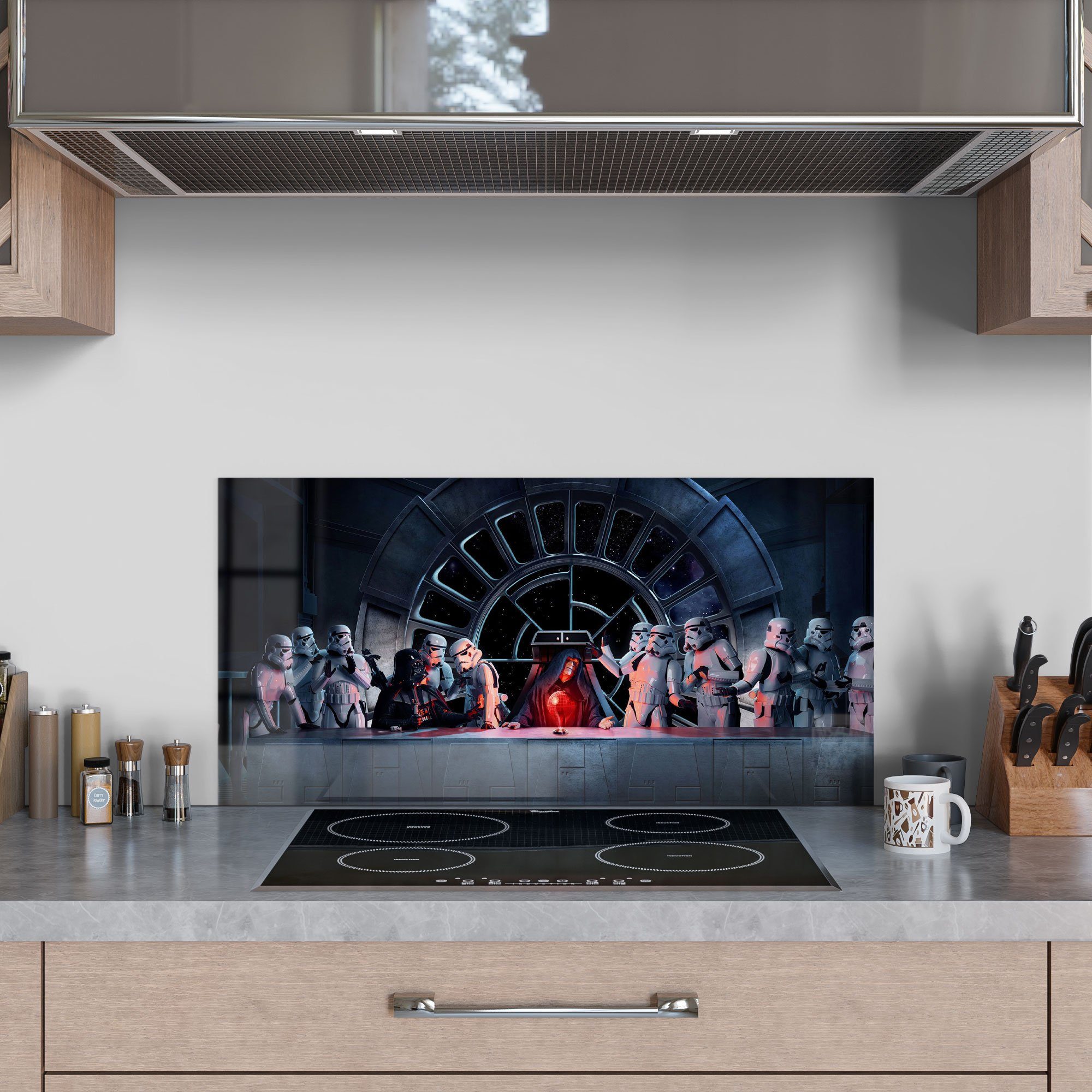 DEQORI Küchenrückwand 'Star Wars Abendmahl', Herdblende Glas Badrückwand Spritzschutz