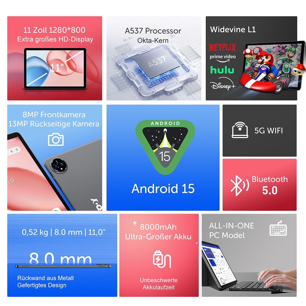 XGODY 11"(16GB+256GB) Android 15(Kostenlose Ledertasche,Tastatur,  Ladegerät) Tablet (11", 256 GB, 15, 5GWIFI, 16GB RAM, Android 15, Widevine L1,8-Core,HD PC Mit Tastaturtasche)