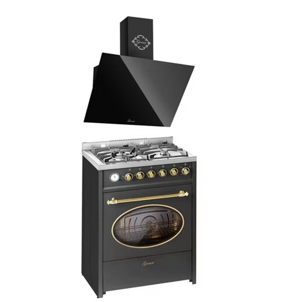 GURARI Gas-Standherd Retro Gas Elektro Standherd 60 cm Erdgas Fl.Gas 4 Kw WOK, 8 Funktionen +Dunstabzugshaube 60 cm E 614 BL r+GCH 286 BL 6 Prime, mit 1-fach-Teleskopauszug