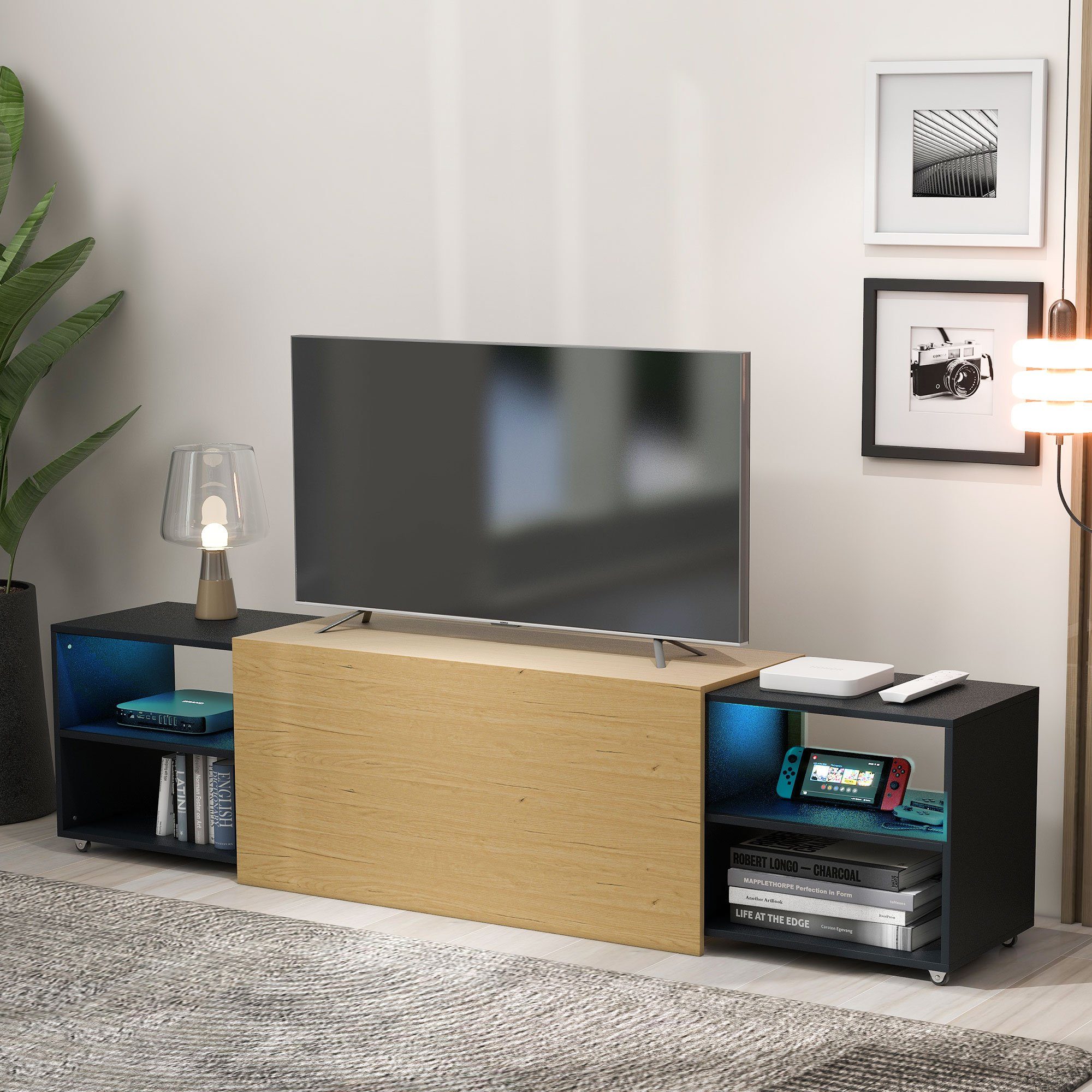 Merax Lowboard mit LED-Beleuchtung inkl. Fernbedienung, ausziehbarer Fernsehtisch, multifunktionell in Couchtisch verwandeln, Großer Stauraum