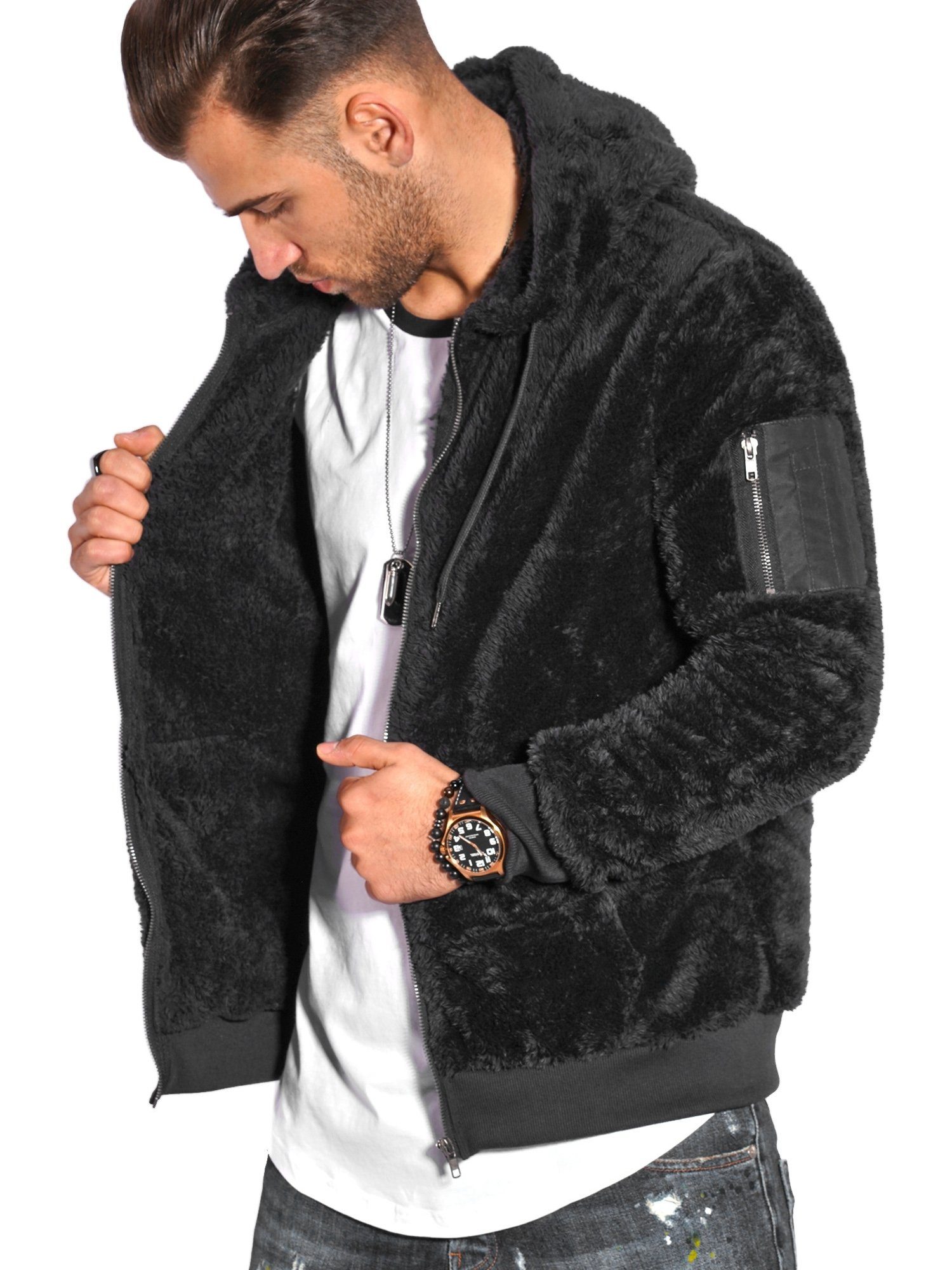 aus Sweatjacke weichem schwarz Teddyfleece Teddy-Zip behype