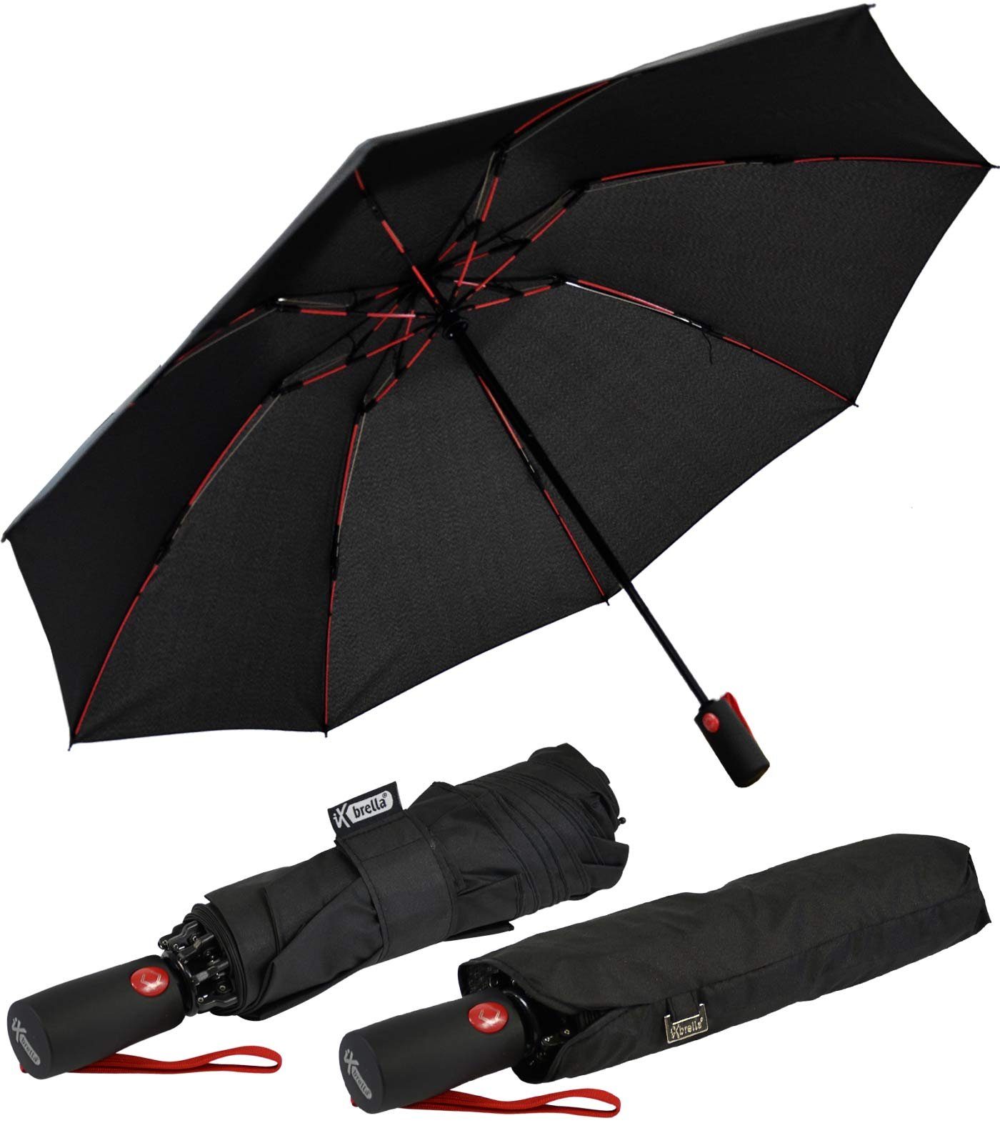 iX-brella Taschenregenschirm Reverse umgekehrt öffnender Fiberglas-Automatiksch, mit bunten stabilen Speichen schwarz-rot