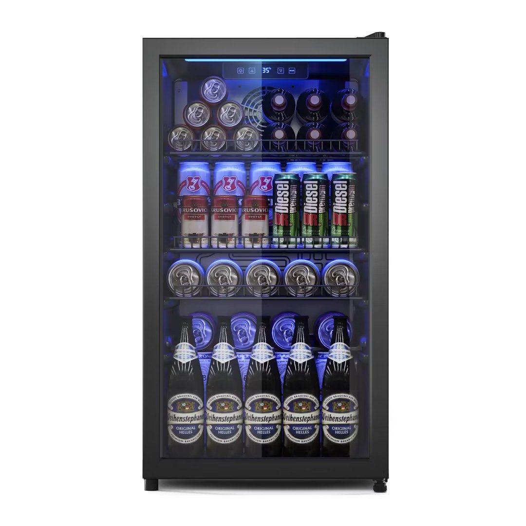 Furnicopia Getränkekühlschrank 90L,Doppelglas, LED,leiser Betrieb, umstellbare Tür, höhenverstellbare Füße und verstellbare Ablagen.