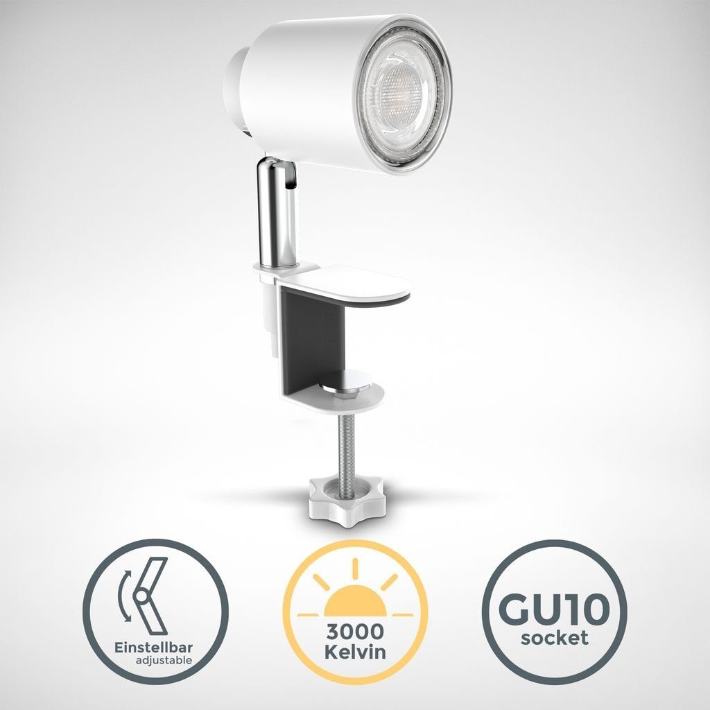 GU10 B.K.Licht Schwenkbar LED inkl. Neigbar Warmweiß, Klemmleuchte wechselbar, 5W Metall LED BKL1354, Weiß-Matt Klemmleuchte Kippschalter - Tischleuchte