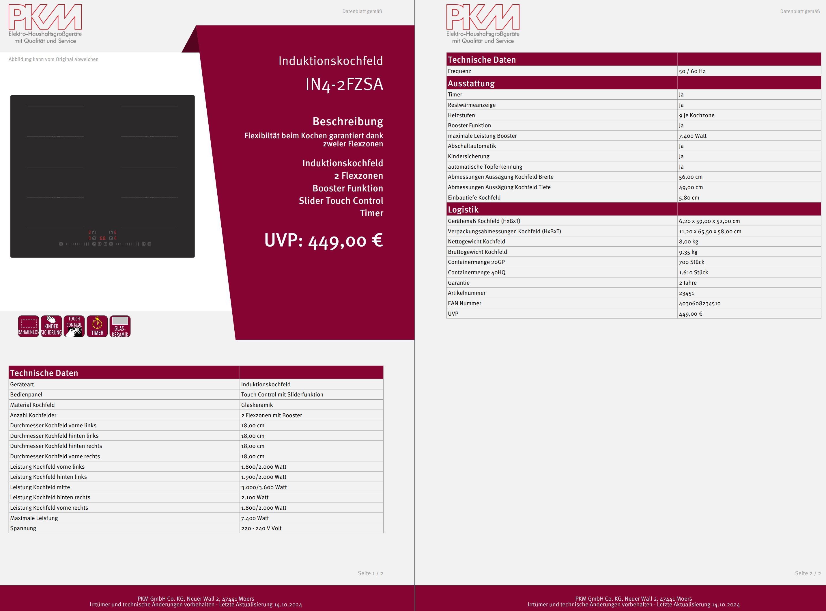 PKM Flex-Induktions-Kochfeld IN4-2FZSA
