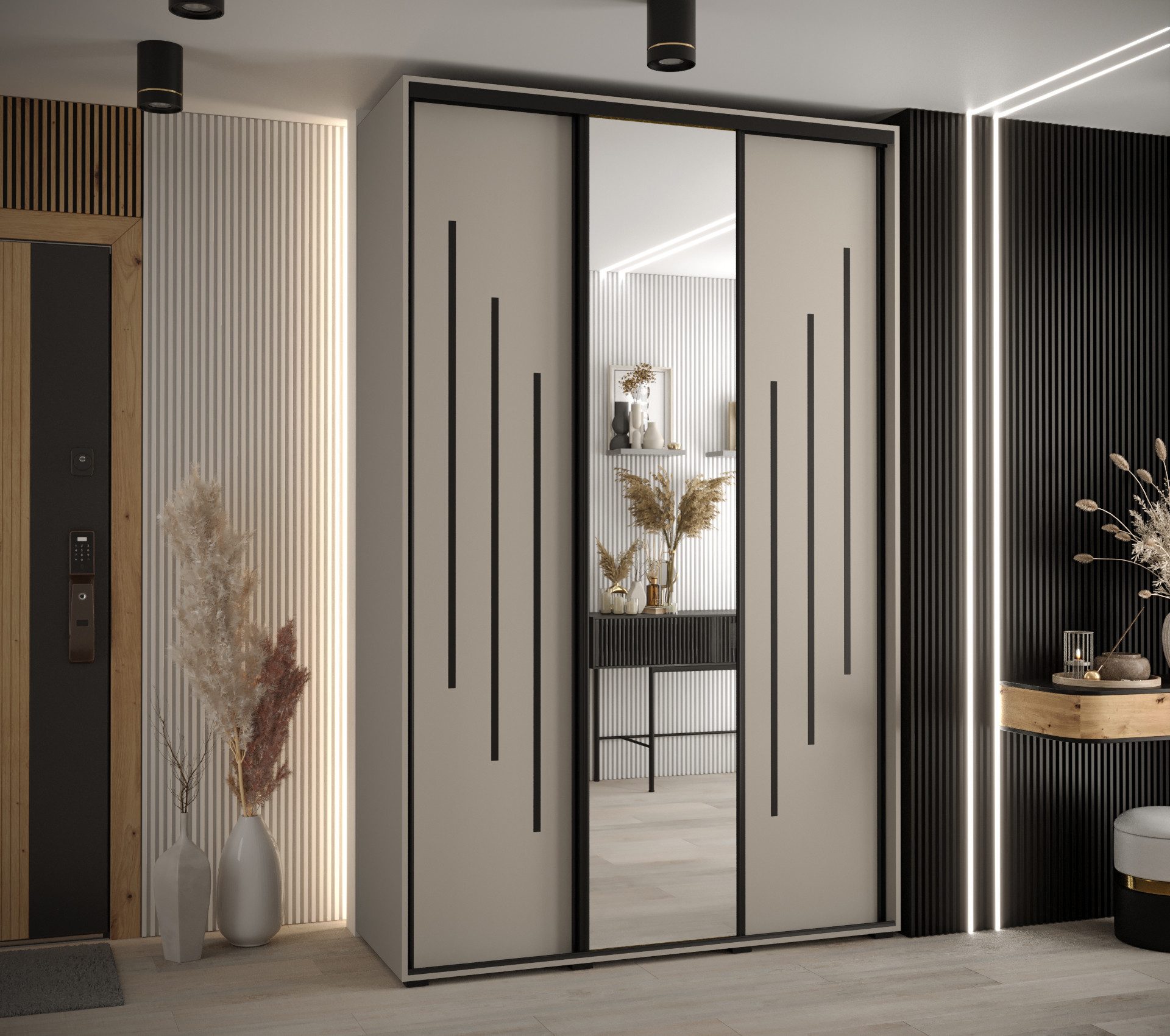 ABIKS MÖBEL Schwebetürenschrank Dakota 9 Schlafzimmerschrank mit Spiegel, Kleiderstange und Regalen