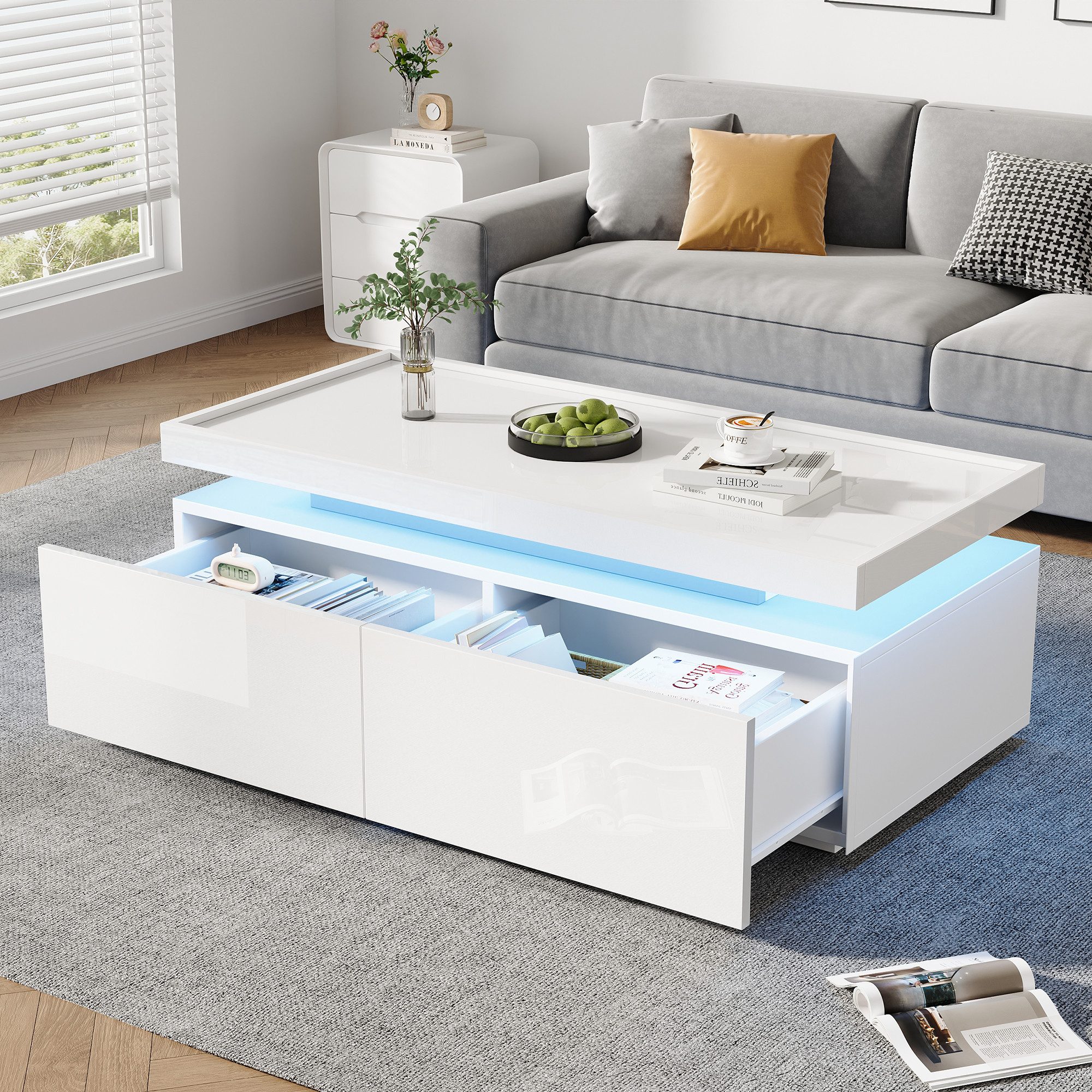 Odikalo Couchtisch Sofatisch Beistelltisch Kaffeetisch Schubladen Wohnzimmer Schwarz Weiß