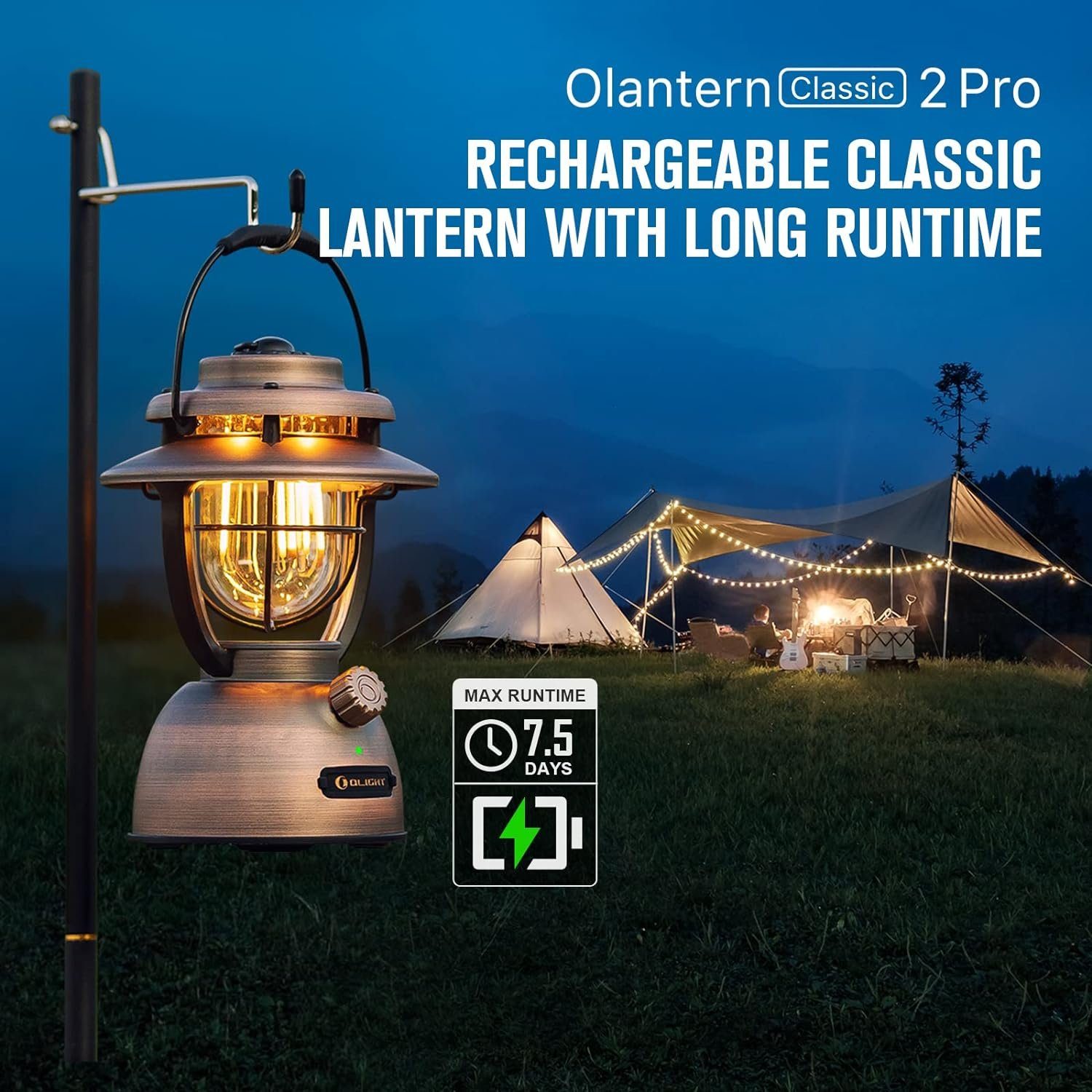 OLIGHT LED Laterne Olantern Classic 2 Pro Campinglampe 300 Lumen, LED fest integriert, Orange LEDs; Warmweiße LEDs, Stufenlos dimmbar, Notstrombank USB Wiederaufladbar