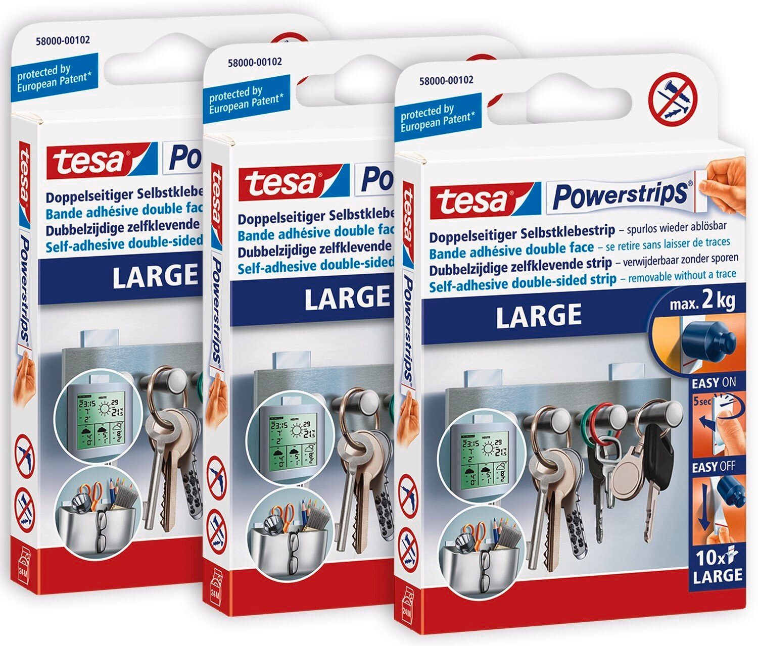 tesa Klebehaken POWERSTRIPS Doppelseitige Klebestreifen, (Spar-Set, 30-St., 3 x 10 tesa Powerstrips® Large), Klebepads mit max. 2 kg Haltekraft - 3er Pack - je 10 Stück