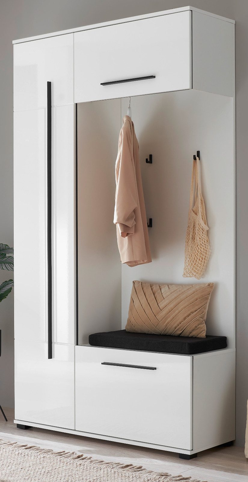 Furn.Design Kompaktgarderobe Design-D (Komplett Set Garderobe in Weiß Hochglanz, 111 x 200 cm) viel Stauraum auf wenig Fläche, mit Soft-Close