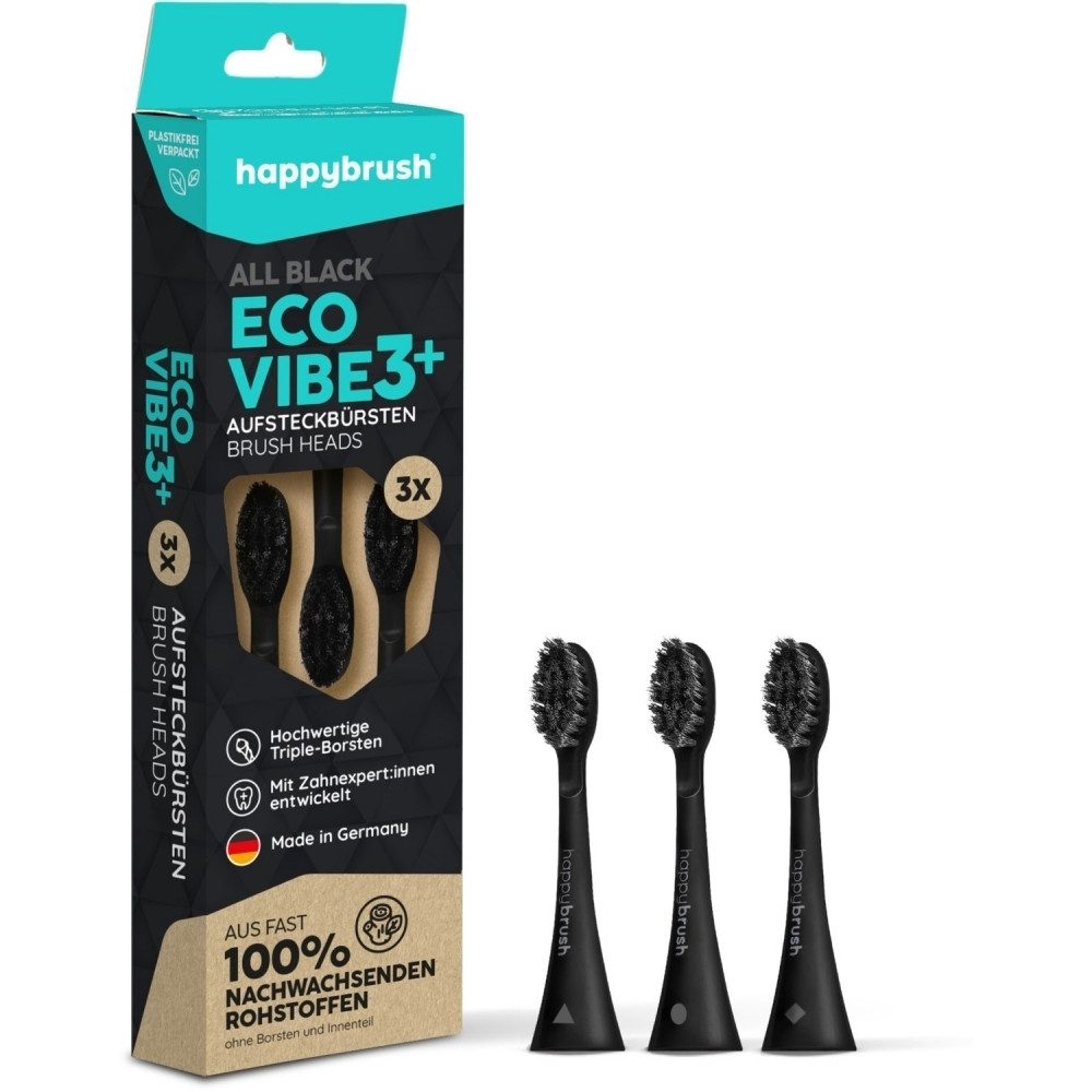 happybrush Aufsteckbürsten happybrush ECO VIBE 3+ Aufsteckbürsten schwarz, Kompatibel mit happybrush ECO VIBE 3+, Fast 100% aus nachwachsenden Rohstoffen