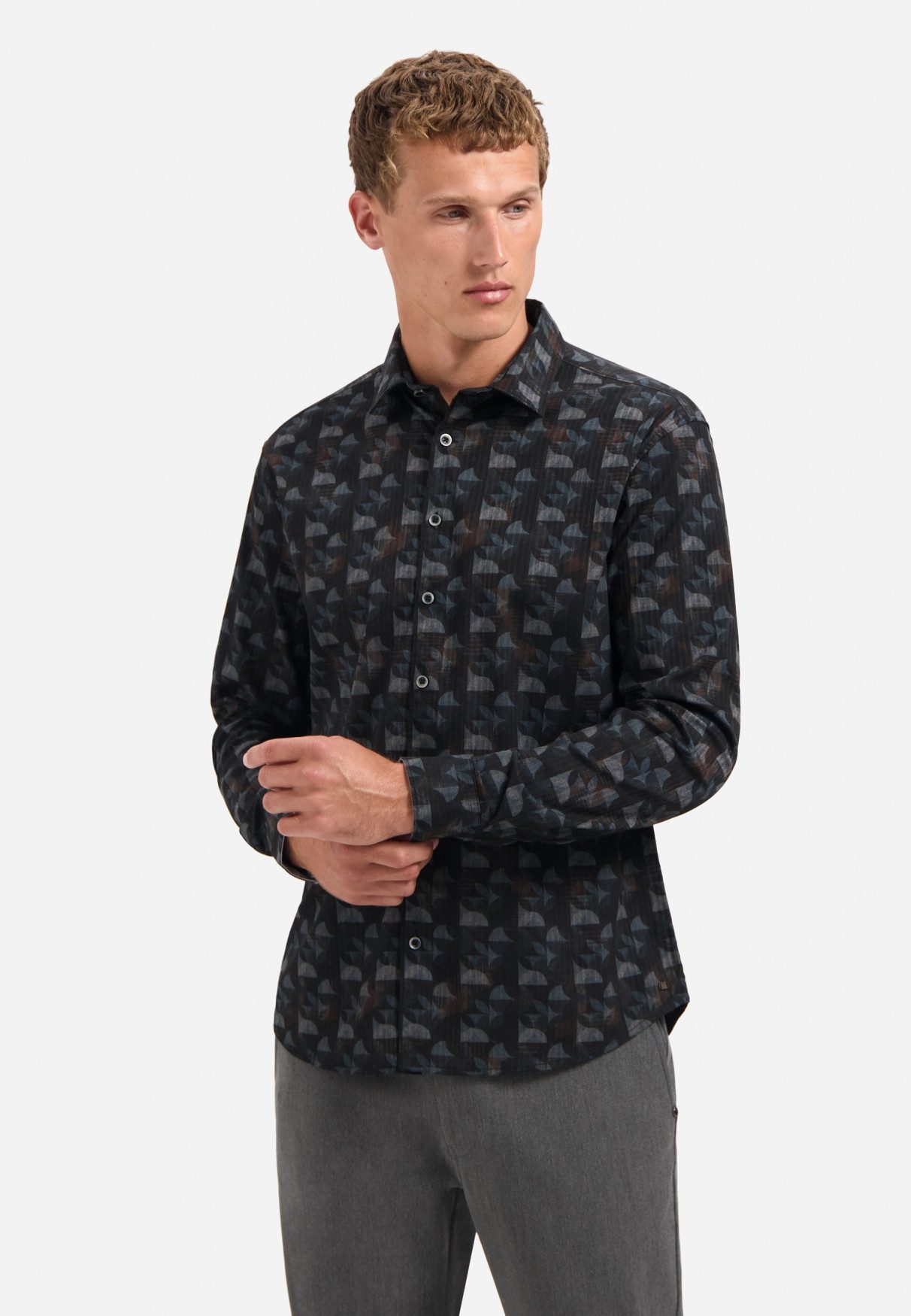 NO EXCESS Langarmhemd No Excess Bedrucktes Hemd Shirt Allover Printed Structure Stripe