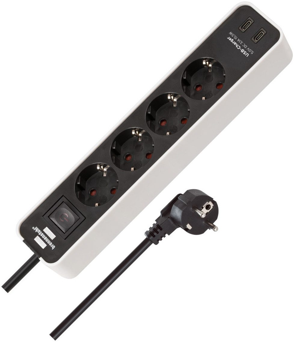Brennenstuhl Ecolor H05VV-F3G1,5 4-fach 1,5m mit 2 USB-C-Ladebuchsen Steckdosenleiste (Ein- / Ausschalter, USB-Anschlüsse, Kabellänge 1,5 m)