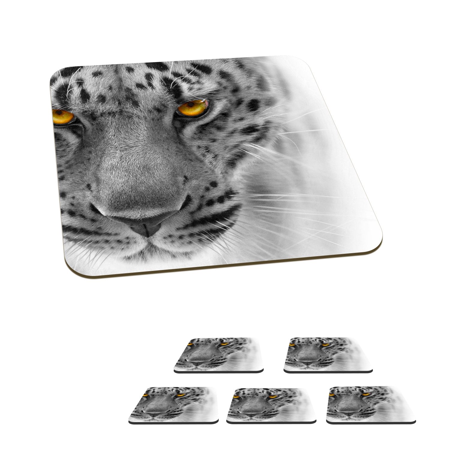 MuchoWow Glasuntersetzer Leopard - Augen - Schwarz - Weiß, Zubehör für Gläser, 6-tlg., Glasuntersetzer, Tischuntersetzer, Korkuntersetzer, Untersetzer, Tasse