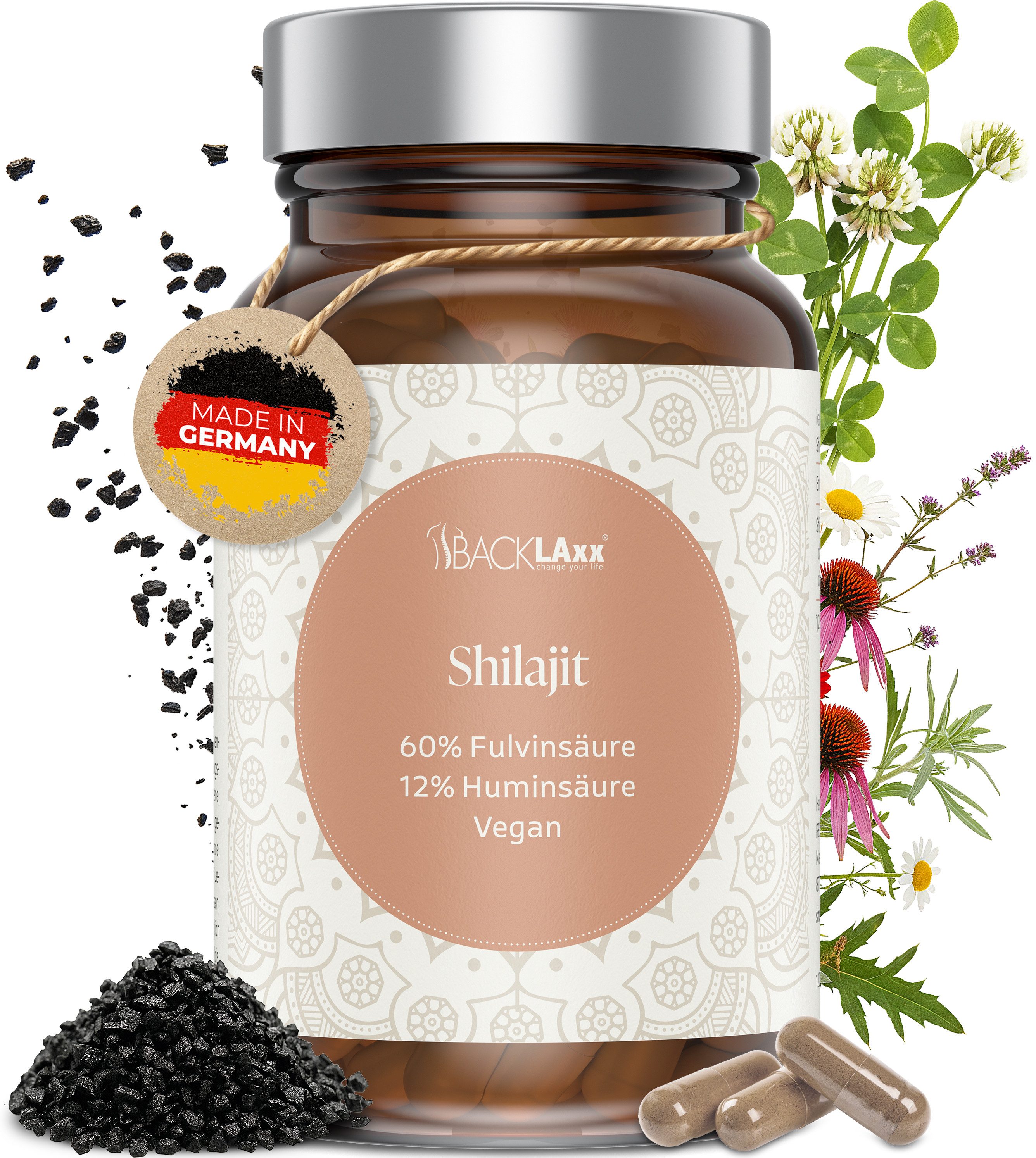 BACKLAxx® Shilajit Extrakt 1200 mg – mit 60% Fulvinsäure & 12% Huminsäure - 120 Kapseln, mit Mumijo Extrakt, ohne Zusätze - Made in Germany