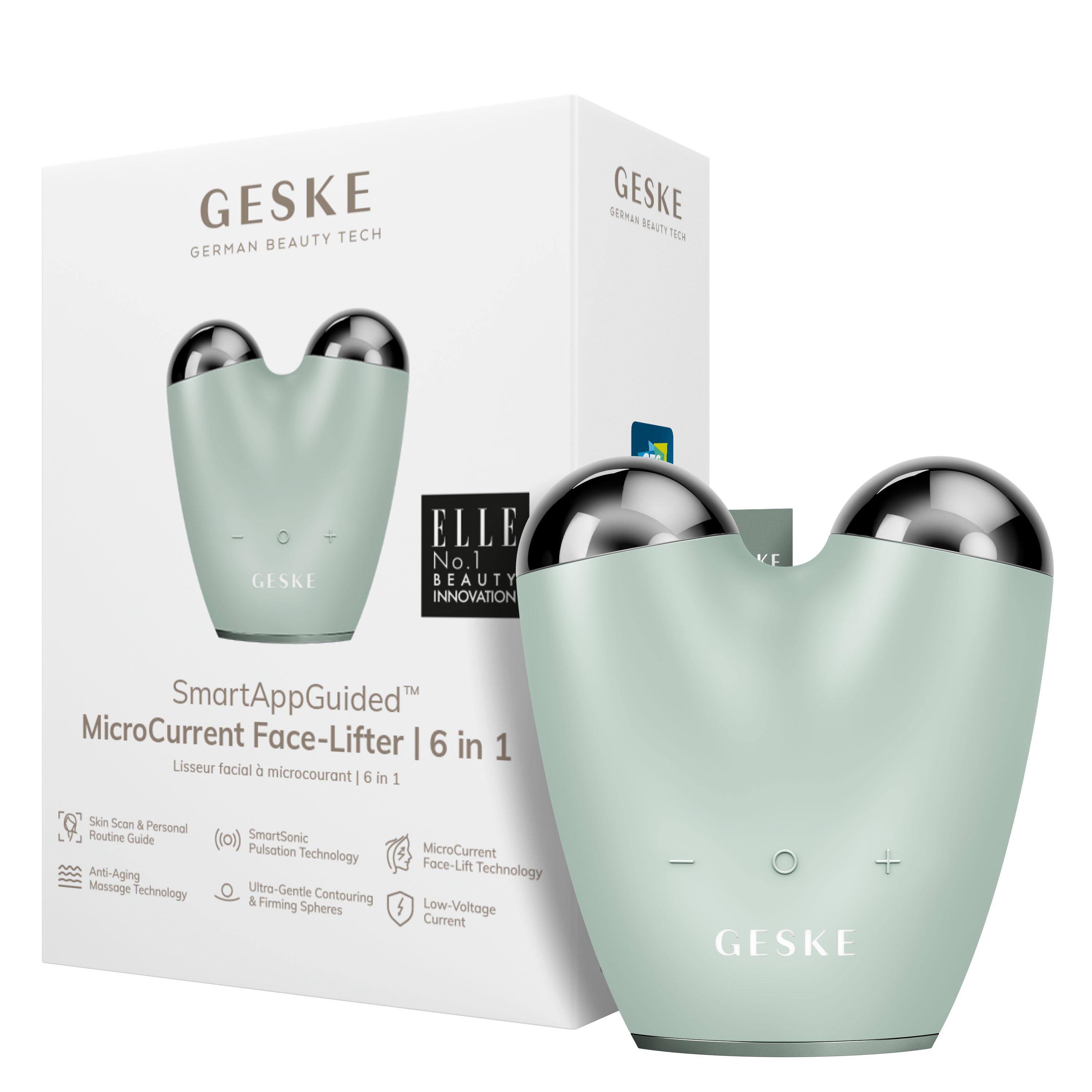 GESKE German Beauty Tech Enhancer SmartAppGuided™ MicroCurrent Face-Lifter 6 in 1, Packung (Gerät & USB-Ladekabel), 2-tlg., Gerät inkl. kostenloser APP (SmartAppGuided Device), Mit der GESKE App erhältst Du deine personalisierte Hautpflegeroutine. Green