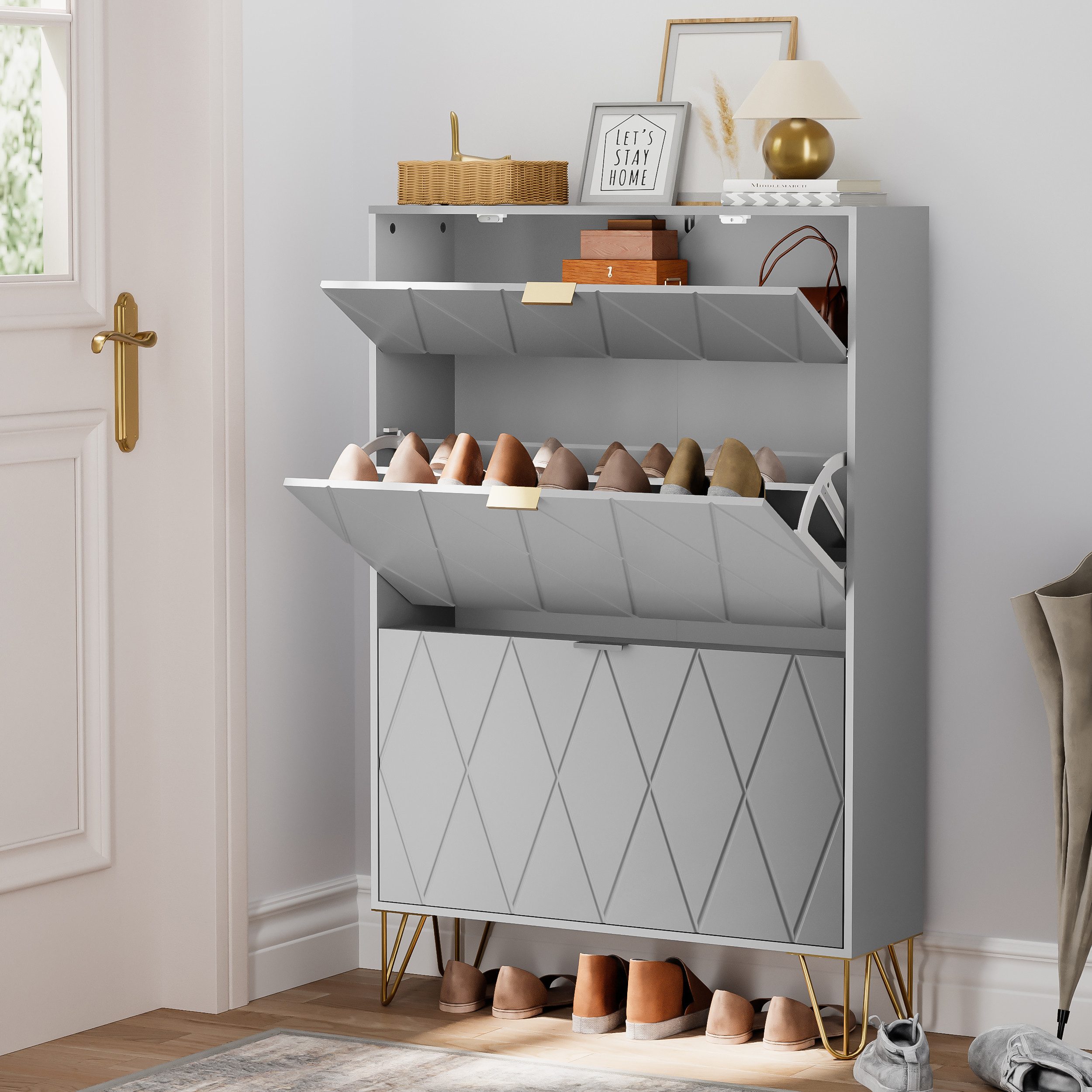 UEV Schuhschrank mit 2 Klappen Schuhregal Schukipper (Schmal Schrank. Schuhkommode im Flur) 80 x 24 x 120 cm für 16 Paar Schuhe,Platzsparend