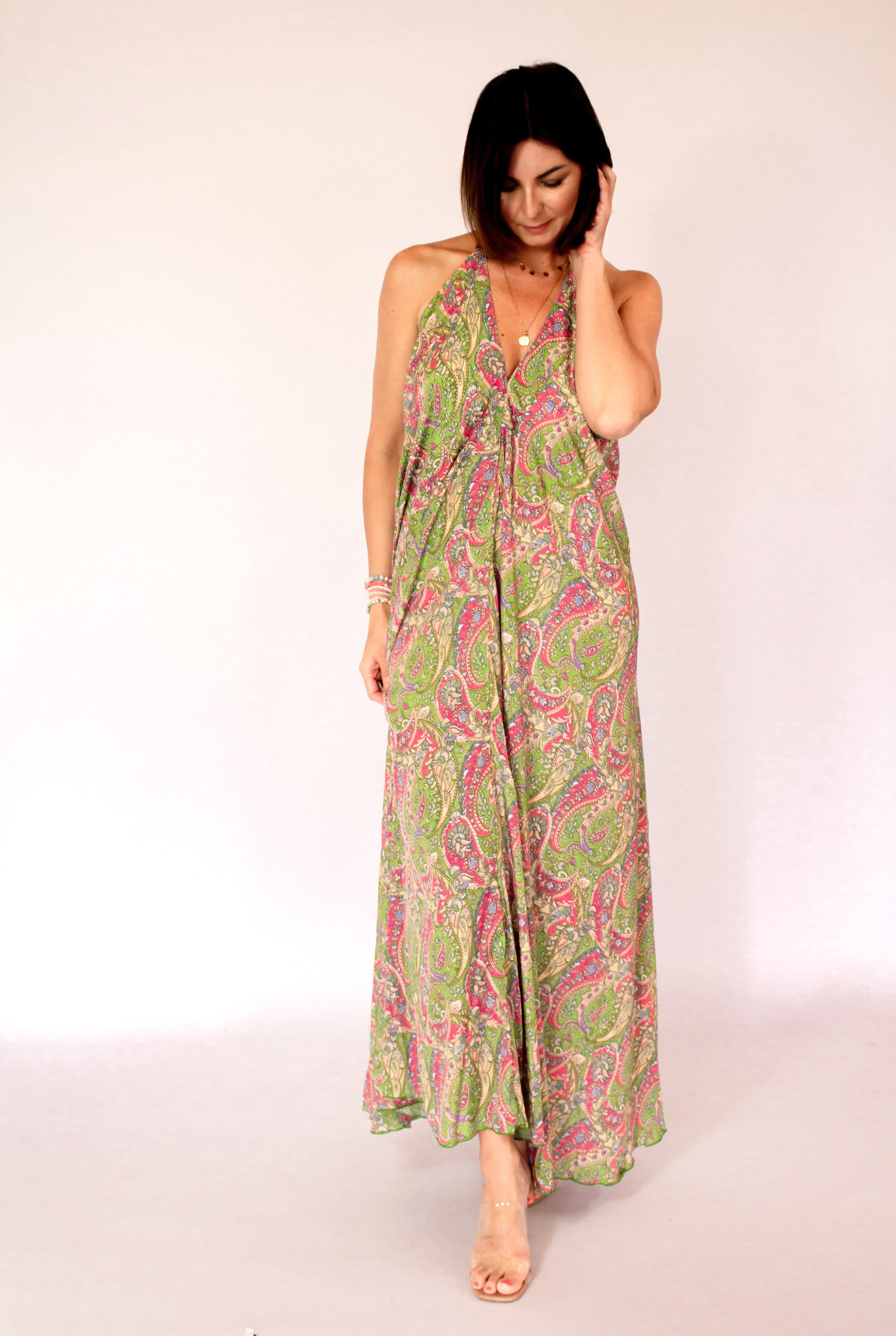 MonCaprise by Clothè Strandkleid Seidenkleid Maxikleid Kleid mit tiefem Rückenausschnitt grün-pink leicht ausgestellte Passform, leicht & luftig