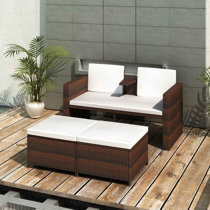 vidaXL Gartenlounge-Set 4-tlg. Garten-Lounge-Set mit Kissen Poly Rattan Braun, (3-tlg)