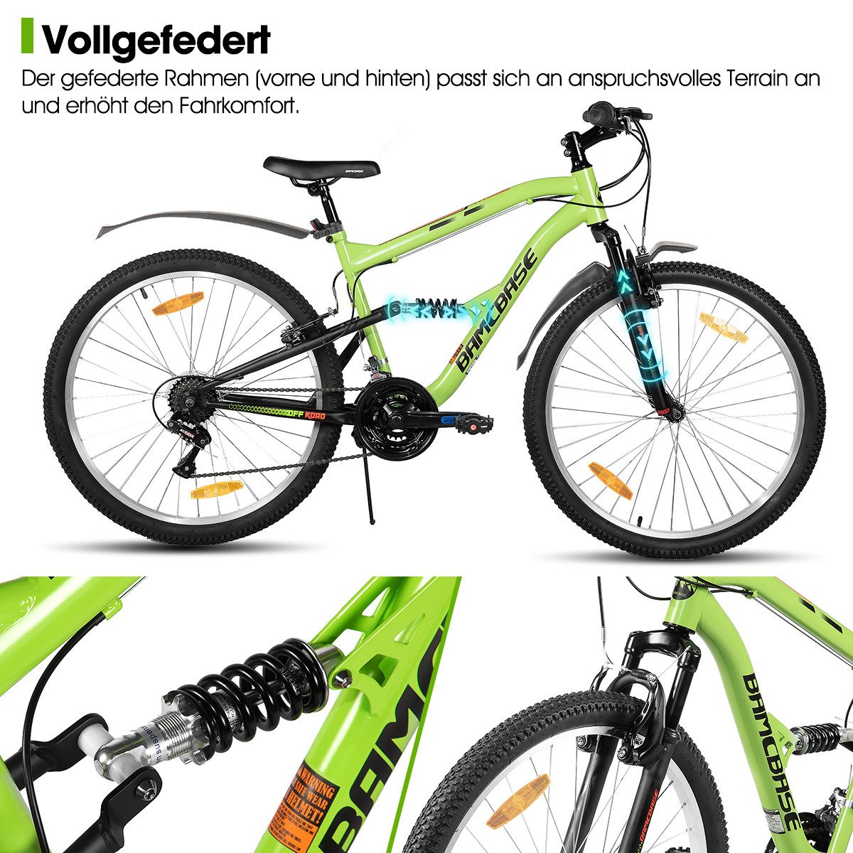HILAND Mountainbike 26 Zoll Vollfederung Herren Damen Mountainbike, Mit 18-Gang-Schaltung, Federgabel und vollgefedertem Rahmen, Kotflügel