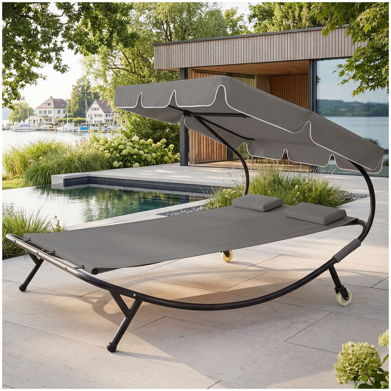 tectake Gartenliege Doppelliege für 2 Personen mit verstellbarem Sonnendach und Rollen, Outdoorliege Livorno, 1 St., in Schwarz/grau, widerstandsfähig, UV-beständig, Inkl. Kopfpolster