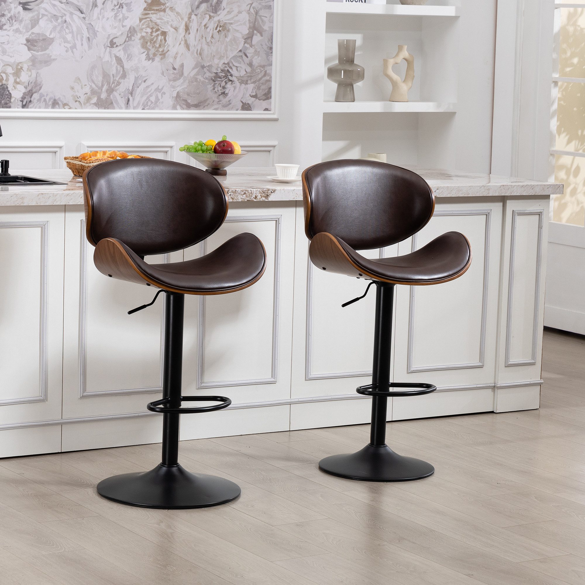 Celya Barhocker Barstühle 360°Drehbar Küchenstühle Sitzhöhe 93cm-103.5cm (2st, Drehbare Barhocker für Bar, Kücheninsel zu Hause,Küche,Esszimmer), Stuhl aus gebogenem Holz, Barstuhl mit PU-Lederbezug und Fußstütze
