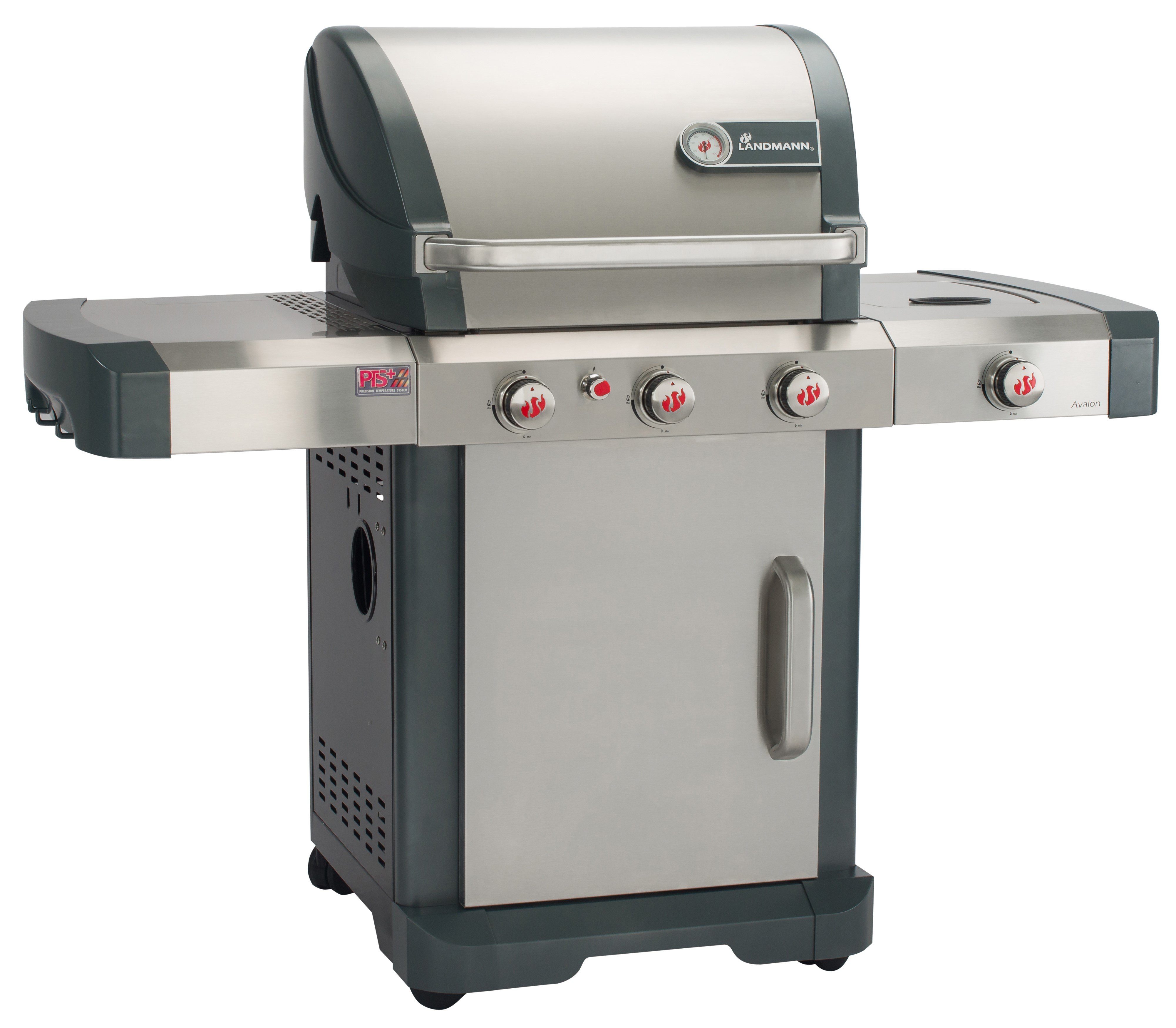 LANDMANN Gasgrill Landmann 12121 Avalon PTS+ 3.1 Gasgrillwagen, 3.1 Gasgrill, 3 Brenner mit 8,9 kW + 6 kW Seitenbrenner, Extragroßer Seitentisch, Mit PTS+ für präzise Temperaturverteilung, Gusseisen Grillrost