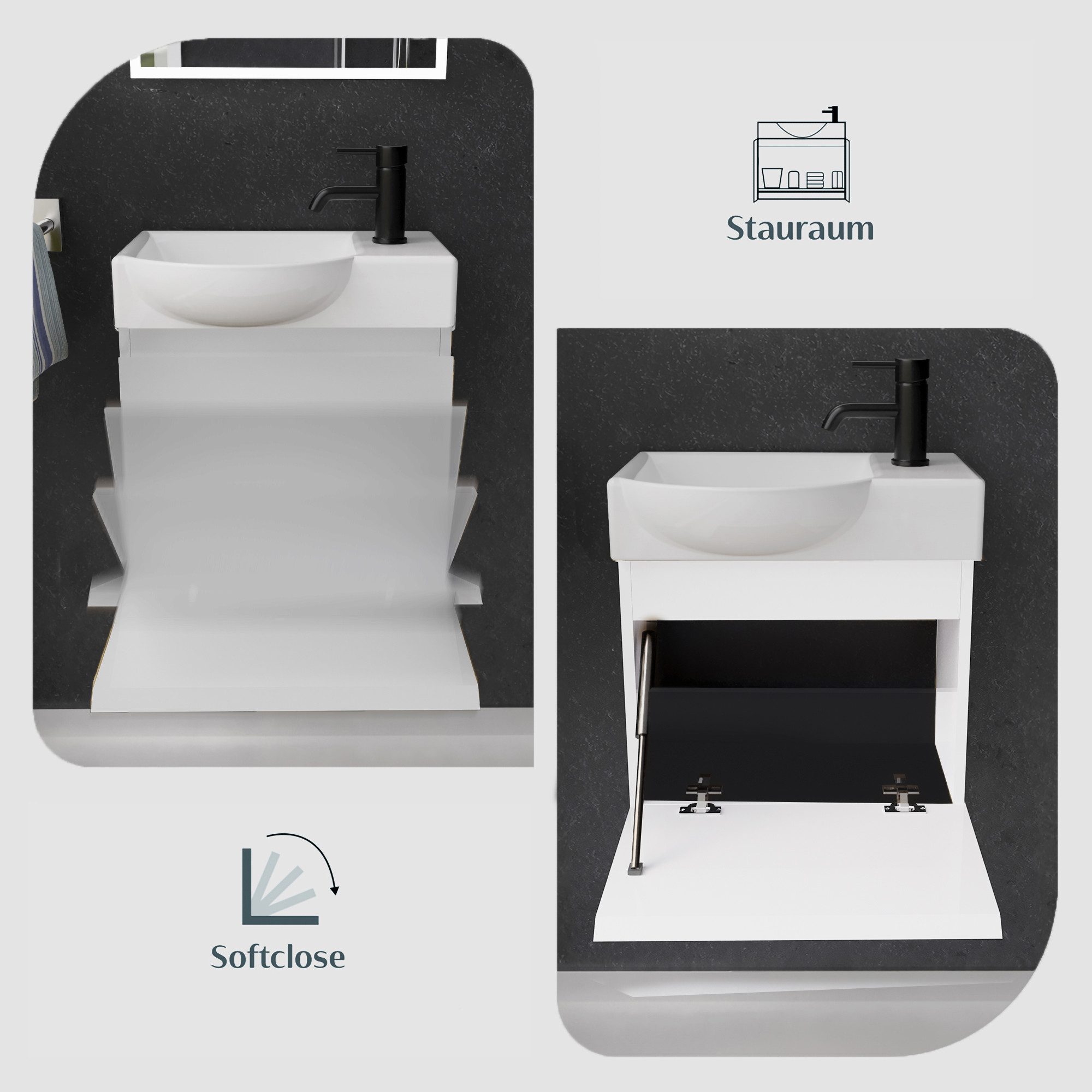 Alpenberger Badmöbel-Set - Gäste WC Waschbecken mit Unterschrank 45 cm Breit, (Badschrank 2-tlg., Waschtisch hängend), Waschbeckenunterschrank mit Softclose - W – Bild 4 von 5