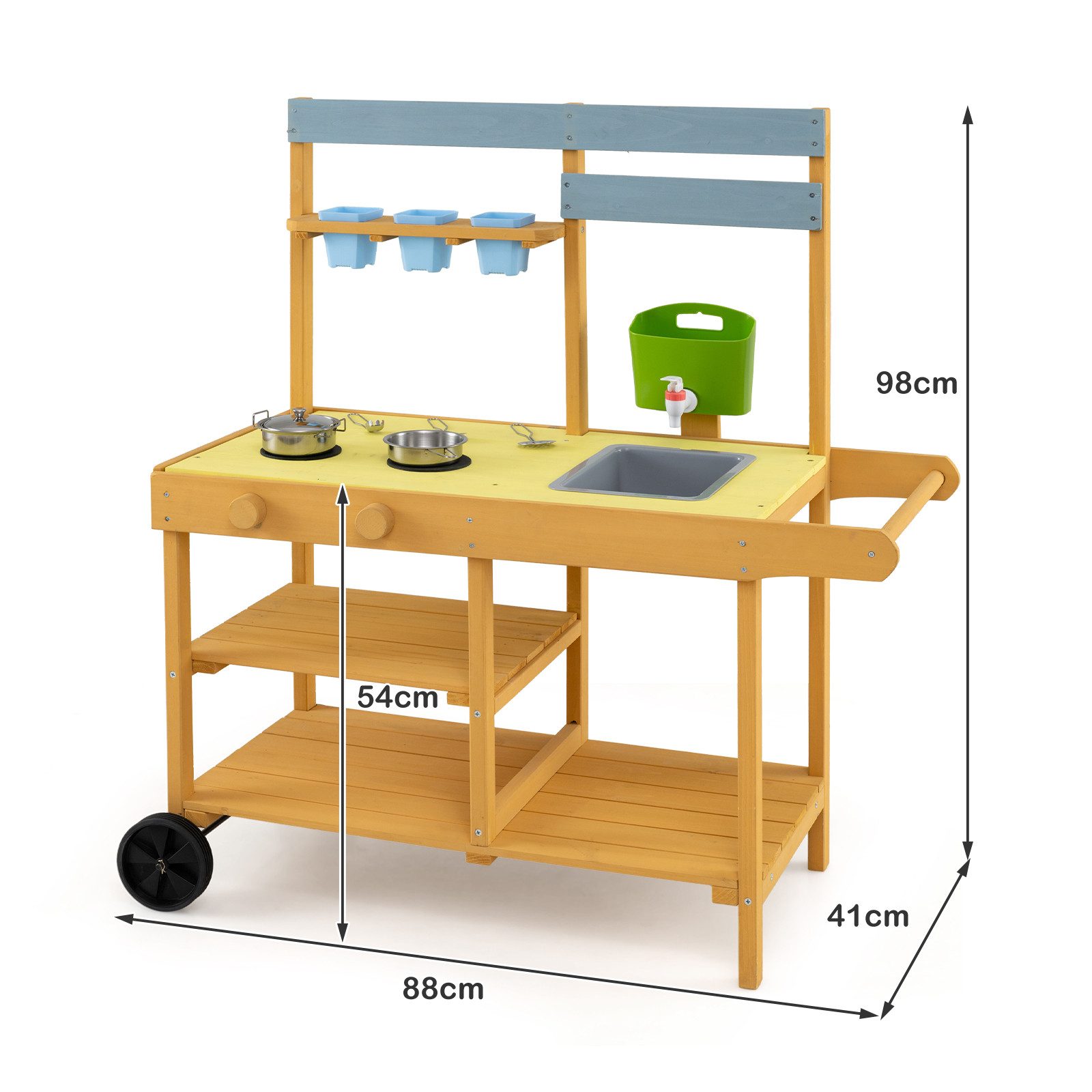COSTWAY Outdoor-Spielküche Tannenholz, Mit Herd & Kochzubehör, 3 Blumentöpfen