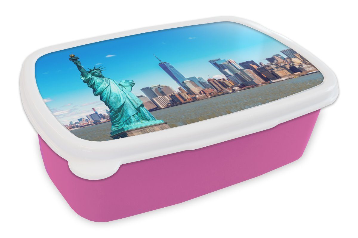 MuchoWow Lunchbox New York - Freiheitsstatue - Manhattan, Kunststoff, (2-tlg), Brotbox für Erwachsene, Brotdose Kinder, Snackbox, Mädchen, Kunststoff rosa