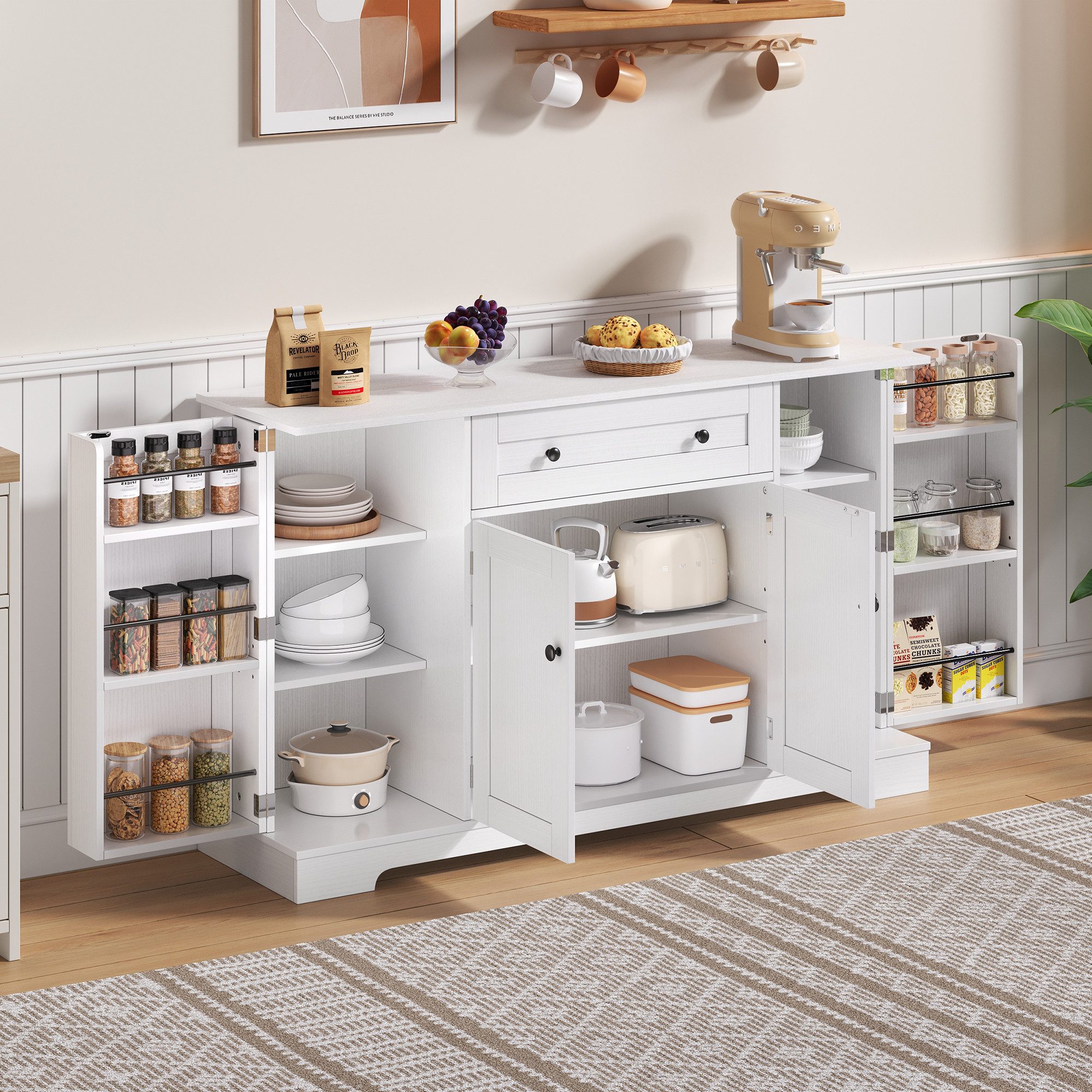 REDOM Sideboard Multifunktionales Küchenbuffet,Kommode (Multifunktionales Küchenbuffet mit Schublade, verstellbaren Einlegeböden & Kippschutz – Modernes Design, 1 St), mit Kippschutz, mit Schublade