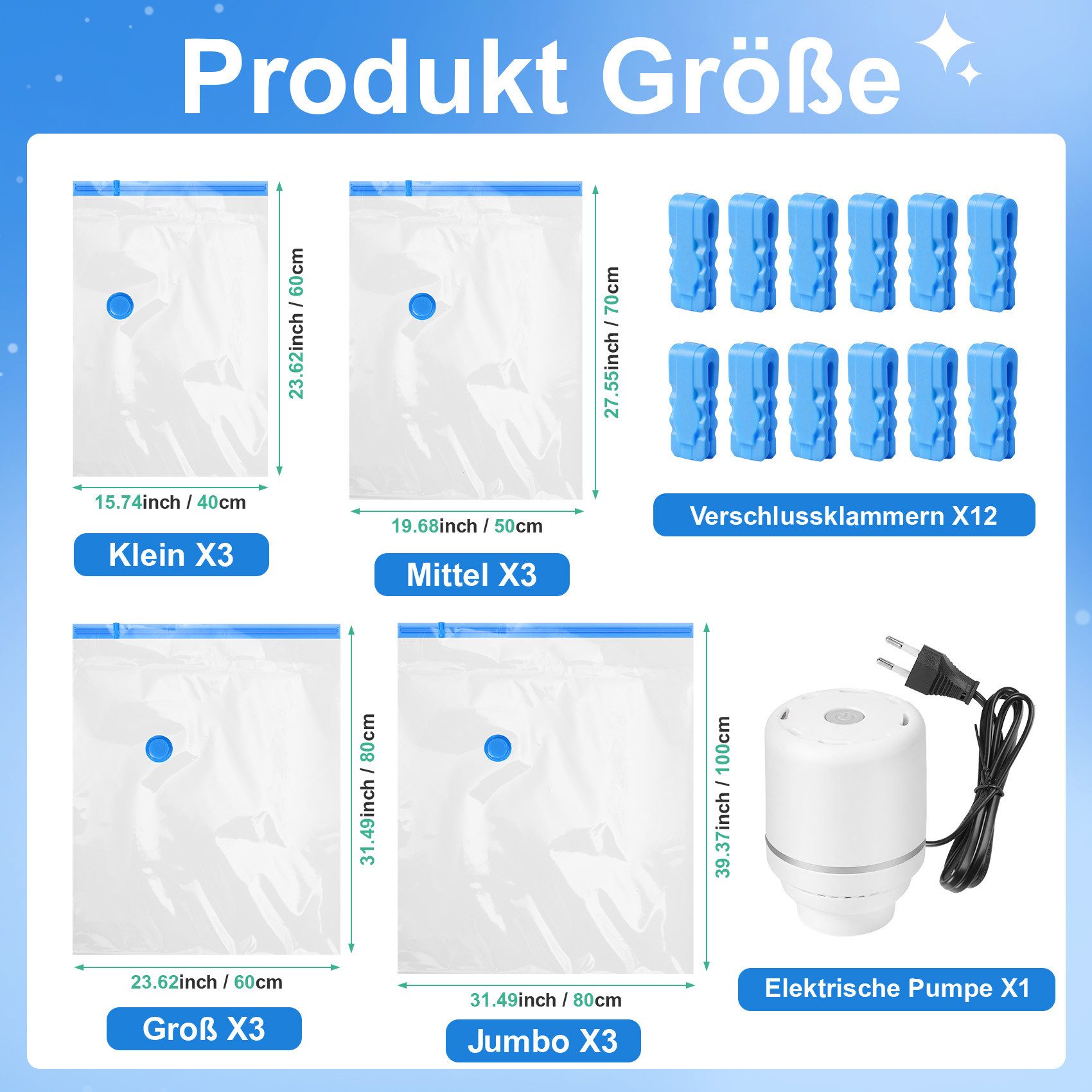 ElitVita Kleiderschutzhülle Vakuumierbeutel für Kleidung mit Pumpe,Wiederverwendbar,4 Größen (set, 12 St., 12 St. Vakuum Aufbewahrungsbeutel) Mit Verschlussklammern für langfristige Aufbewahrung,Reise,Umzug
