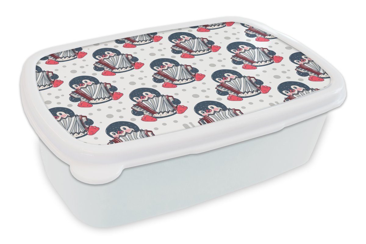MuchoWow Lunchbox Akkordeon - Pinguin - Schablonen, Kunststoff, (2-tlg), Brotbox für Kinder und Erwachsene, Brotdose, für Jungs und Mädchen weiß