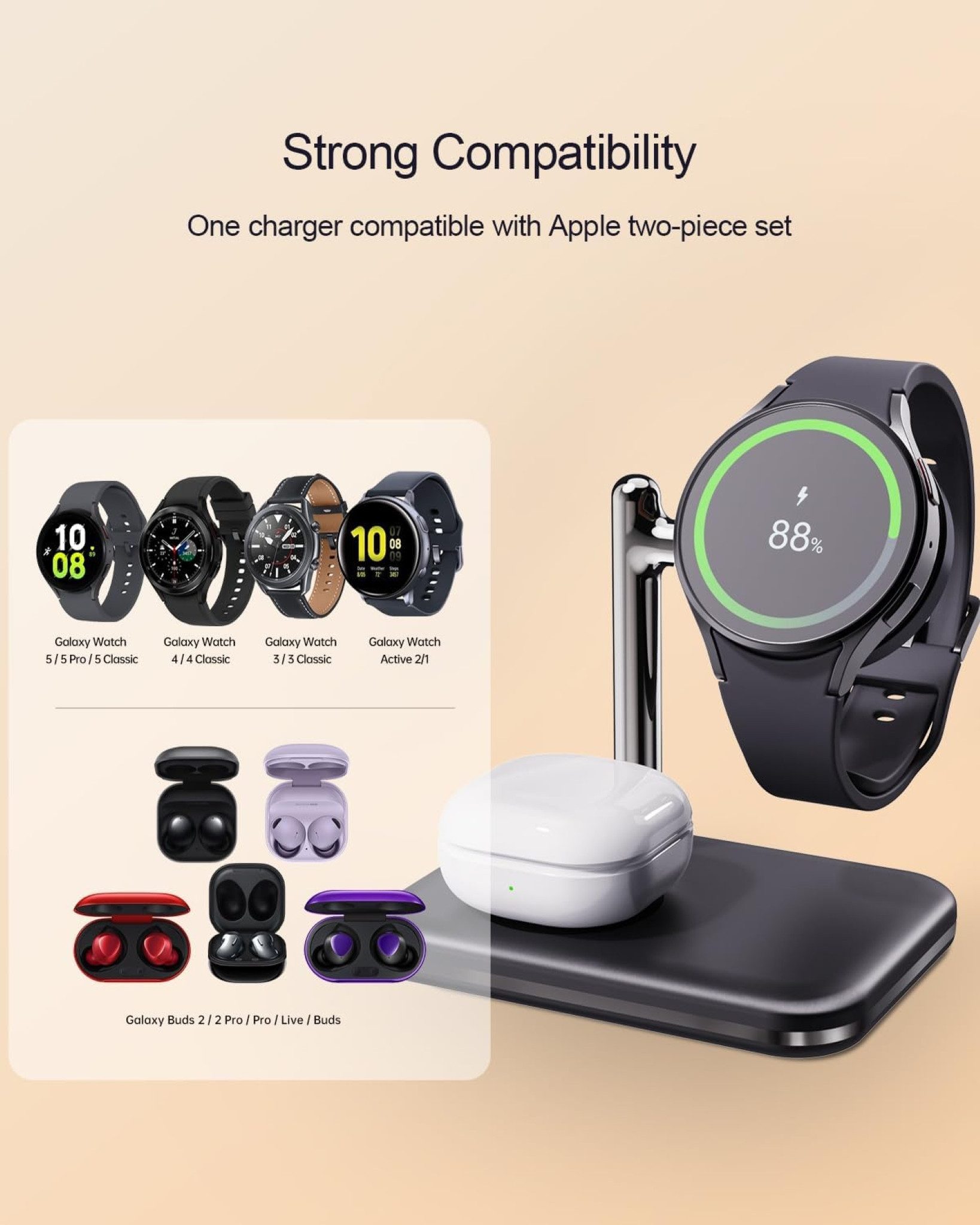 MAKAQI Ladestation Faltbar 2-in-1 Wireless Charger Samsung Watch Galaxy Buds Wireless Charger (1000,00 mA, Ladestation für Samsung Watch und Galaxy Buds, 2-in-1 – Bild 3 von 5
