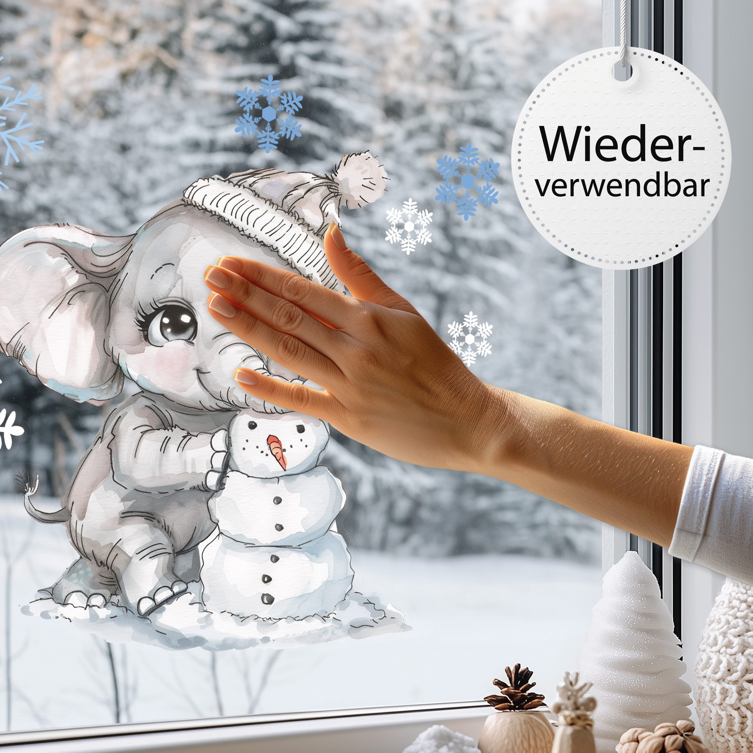 Sunnywall Fensterdekoration Kinderzimmer Fensterbild Winter Elefant mit Schneemann, wiederverwendbar, statisch haftend, beidseitiger Druck