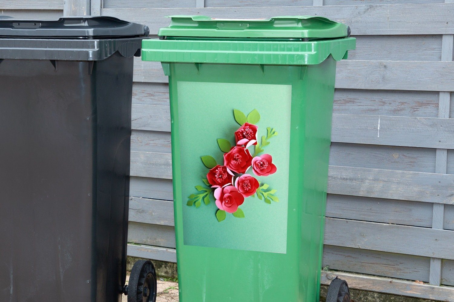 MuchoWow Papierkunst grünem Hintergrund Mülltonne, St), auf Container, Wandsticker (1 Mülleimer-aufkleber, Blumen Sticker, Abfalbehälter