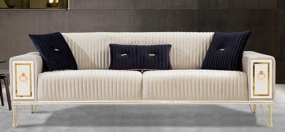 Casa Padrino Schlafsofa Luxus Schlafsofa Cremefarben / Weiß / Gold 220 x 90  x H. 80 cm - Modernes Wohnzimmer Sofa - Wohnzimmer Möbel