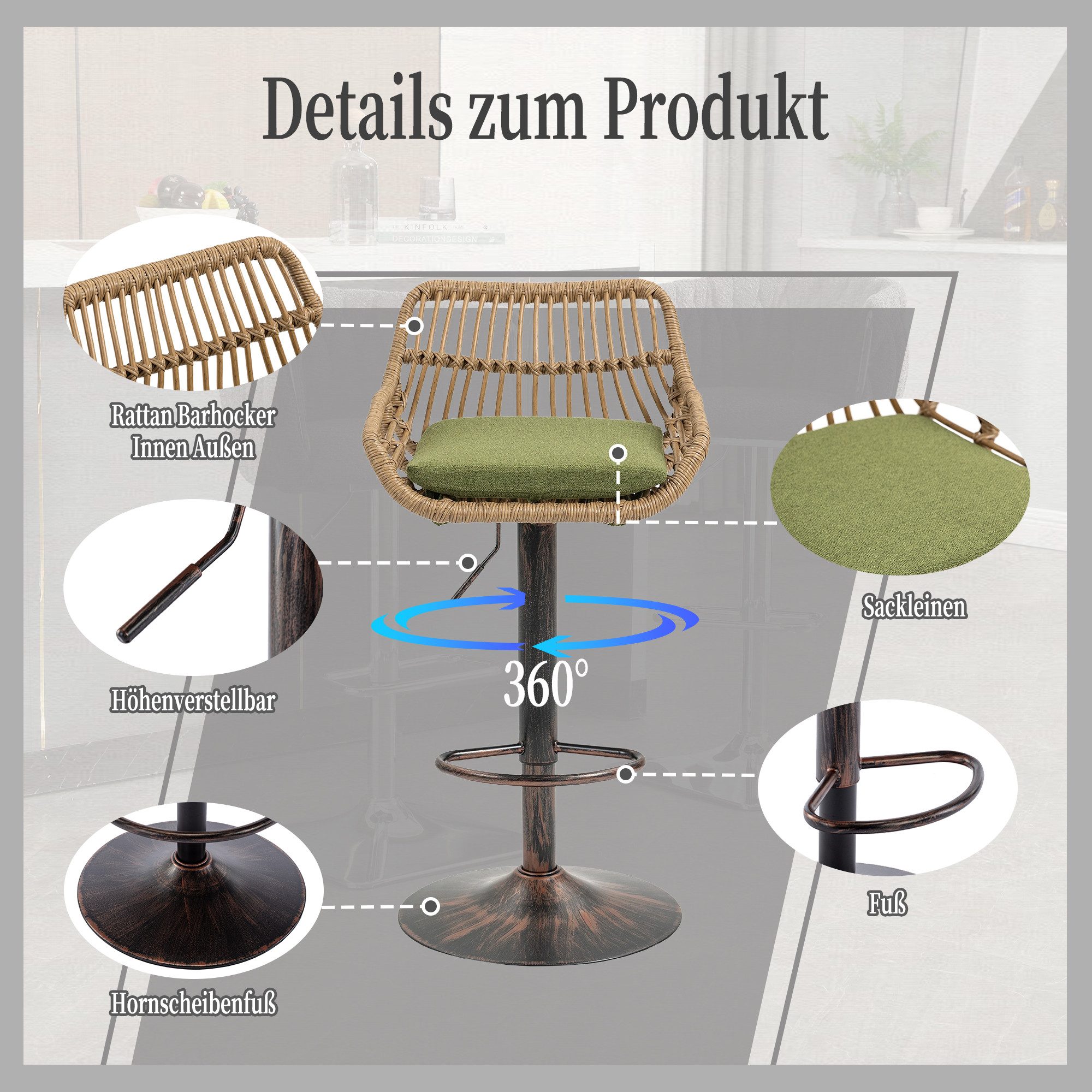 Celya Barhocker (2st),Barstühle 360°Drehbar Küchenstühle Sitzhöhe 65cm-85cm, Rattan Stuhl mit Fußstütze für Küche, Esszimmer,Grün
