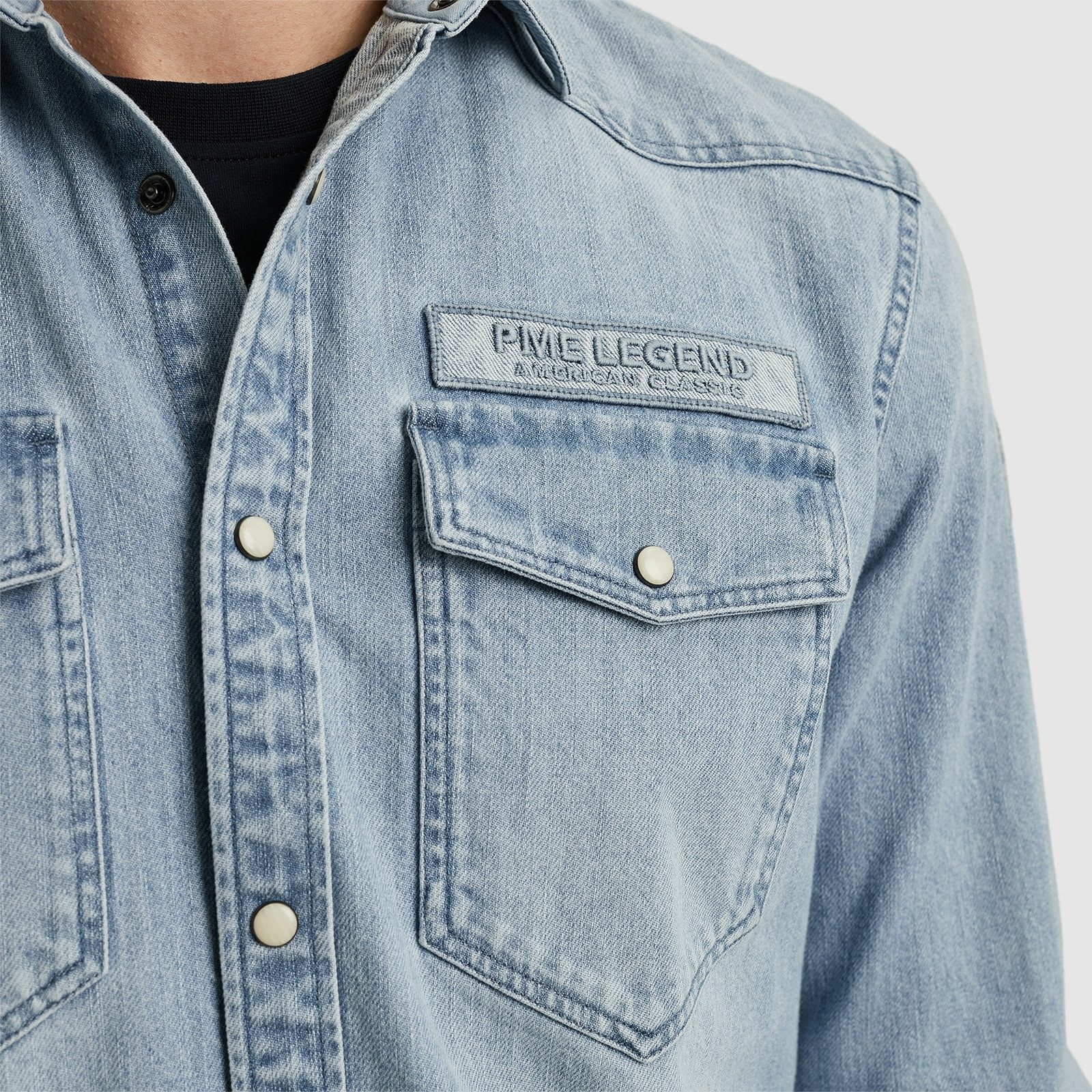 PME LEGEND Jeanshemd Long Sleeve Shirt Bleach Indigo denim mit Kentkragen