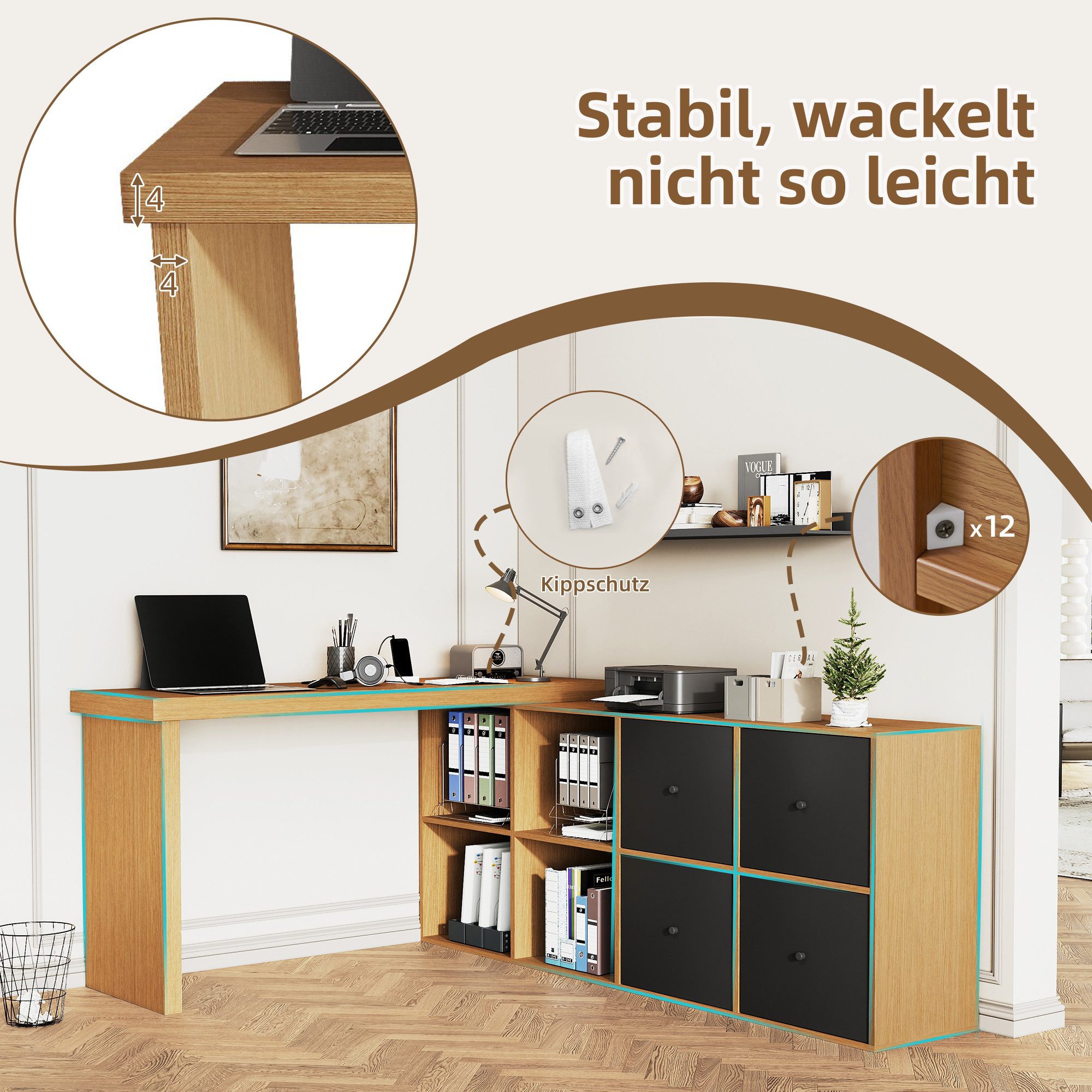 Celya Eckschreibtisch Ecktisch, Tischplatte 360°schwenkbar, L-förmig oder gerade aufstellbar (4 Schubladen - Schreibtisch, nach links gerichtet), Tischplatte und Beine 4 cm verstärkt, mit 4 Fächern,Schwarz